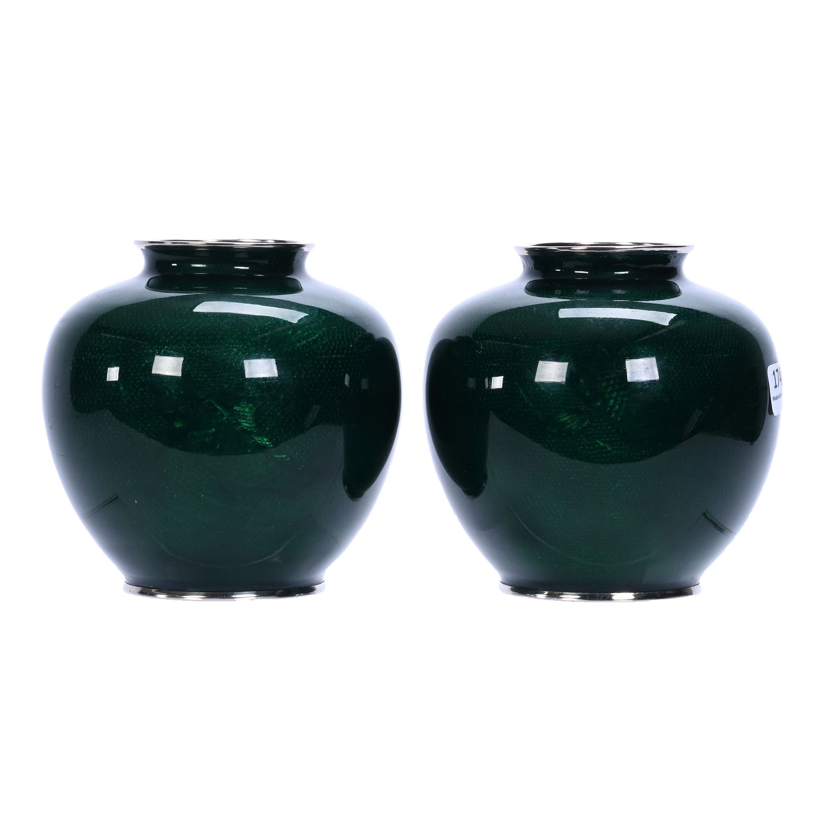 Pair Vases, Unmarked Japanese Cloisonne: Pair Vases, Unmarked Japanese Cloisonne, 4.75 x 4.75 x 4.75 Inches, Solid Green On Green Underwater Koi Fish Design, 2.5 Pounds, Lena Salardino Collection, Colorado.