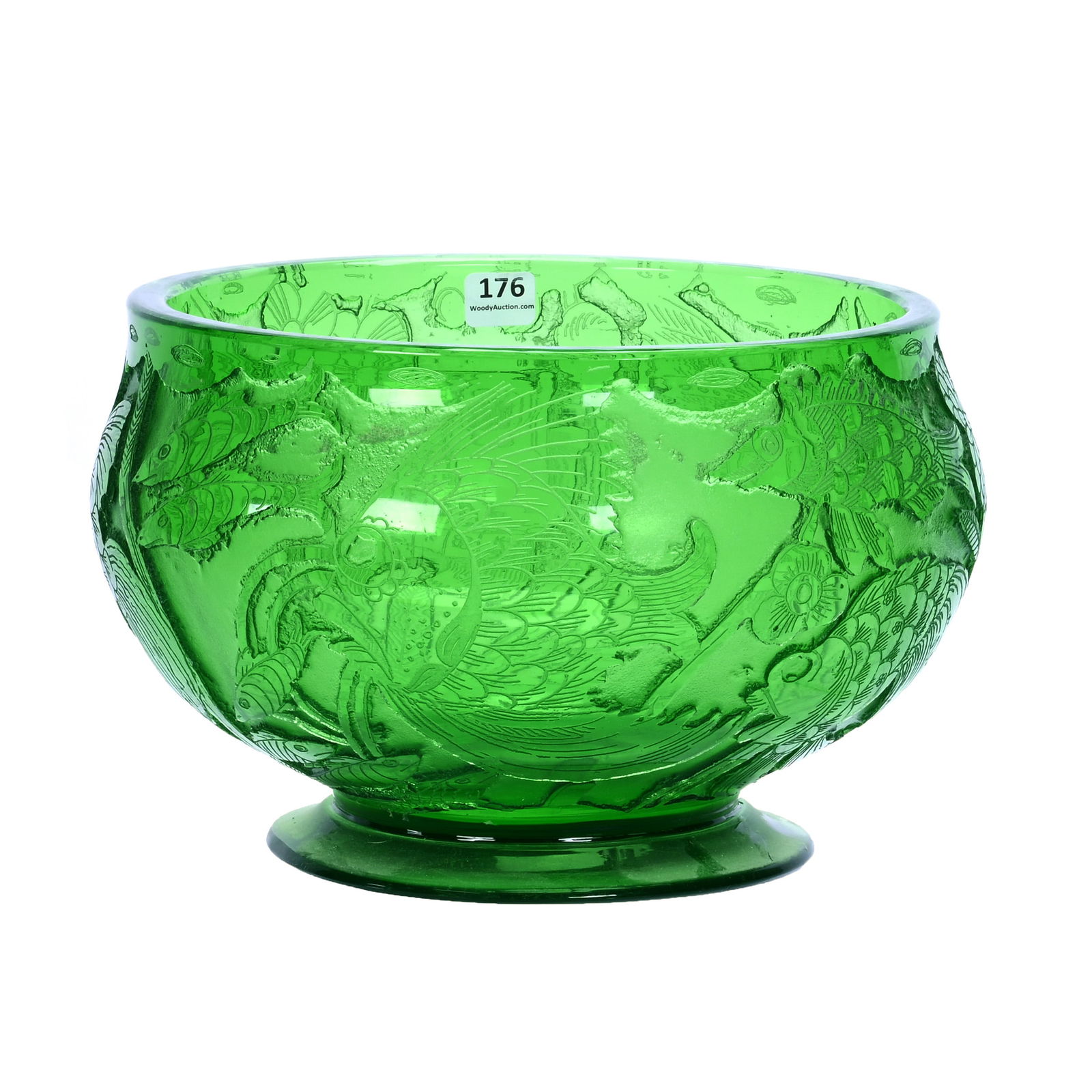 Pedestal Bowl, Signed Moser Karlsbad, Solid Green With Deep Acid Cut Underwater Decor: Pedestal Bowl, Signed Moser Karlsbad, Solid Green With Deep Acid Cut Underwater Decor, 6.5 x 10.5 x 10.5 Inches, 7.8 Pounds, Charles and Nikia Schulte, Missouri.