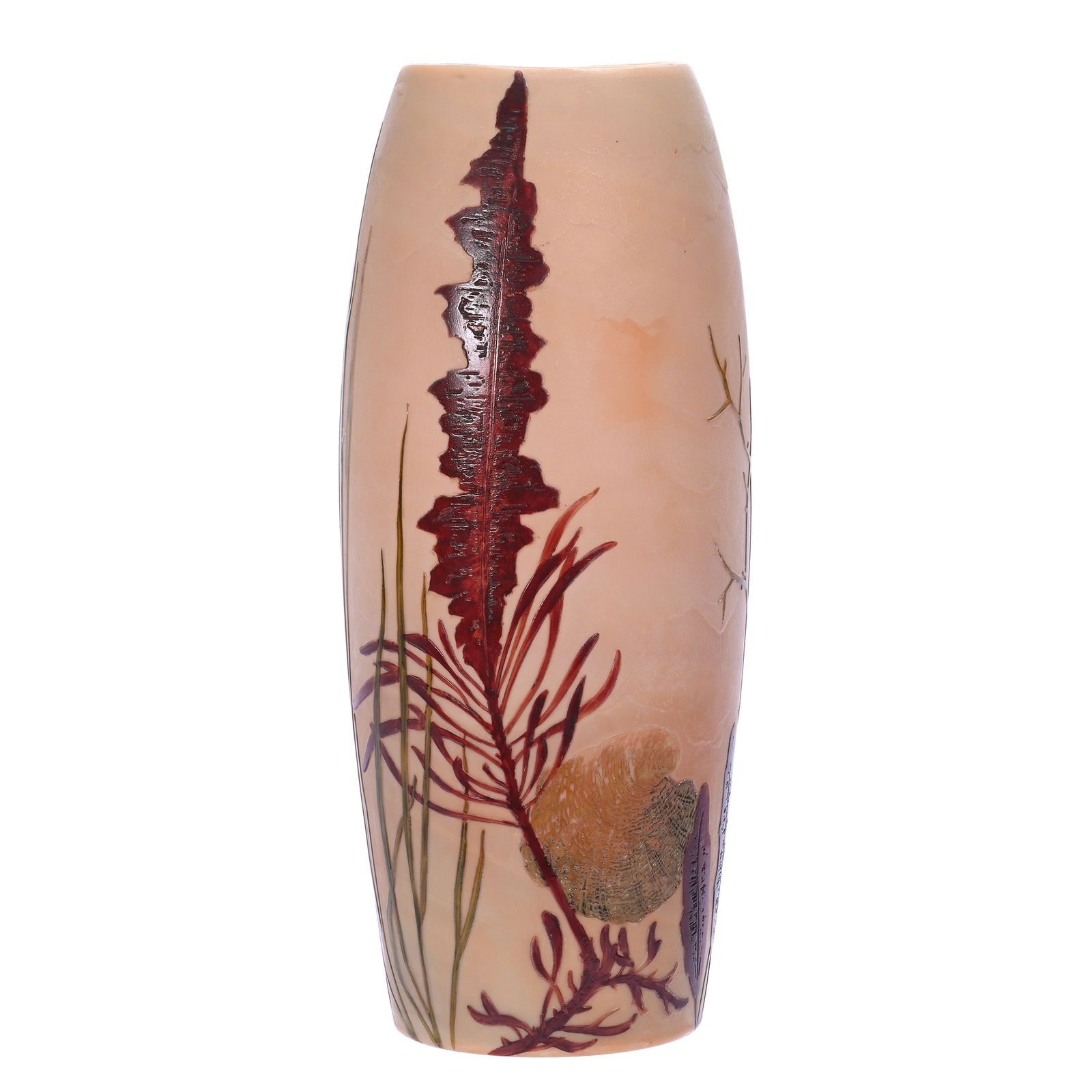 Vase, Signed Legras, French Cameo Art Glass: Vase, Signed Legras, French Cameo Art Glass, 13 x 5.25 x 4.75 Inches, Double Layered Featuring Algae, Aquatic Plants, And Shell Design, Great Example, 3.3 Pounds, Lena Salardino Collection, Colorado.