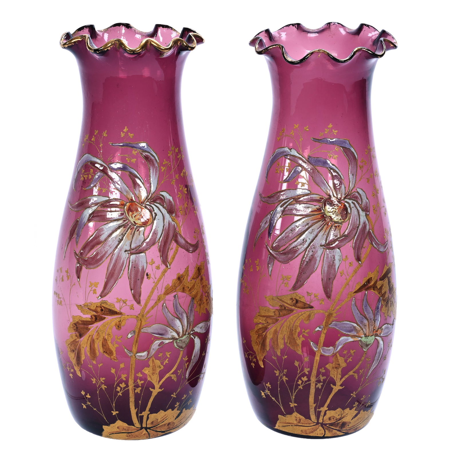 Pair Vases, Unmarked Bohemian Art Glass (Mont Joye Style) (1 of 3)