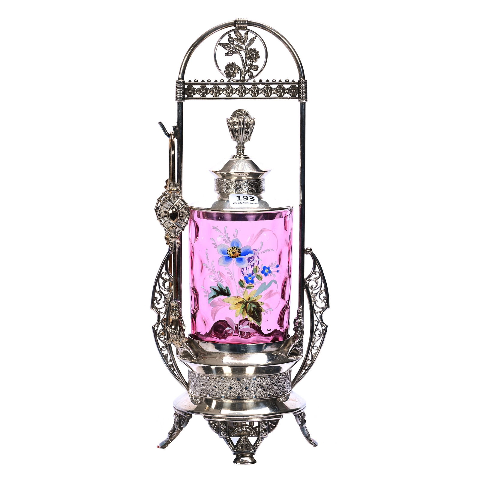 Victorian Pickle Castor, Cranberry Coinspot Art Glass Insert With Enamel Floral Decor (1 of 5)