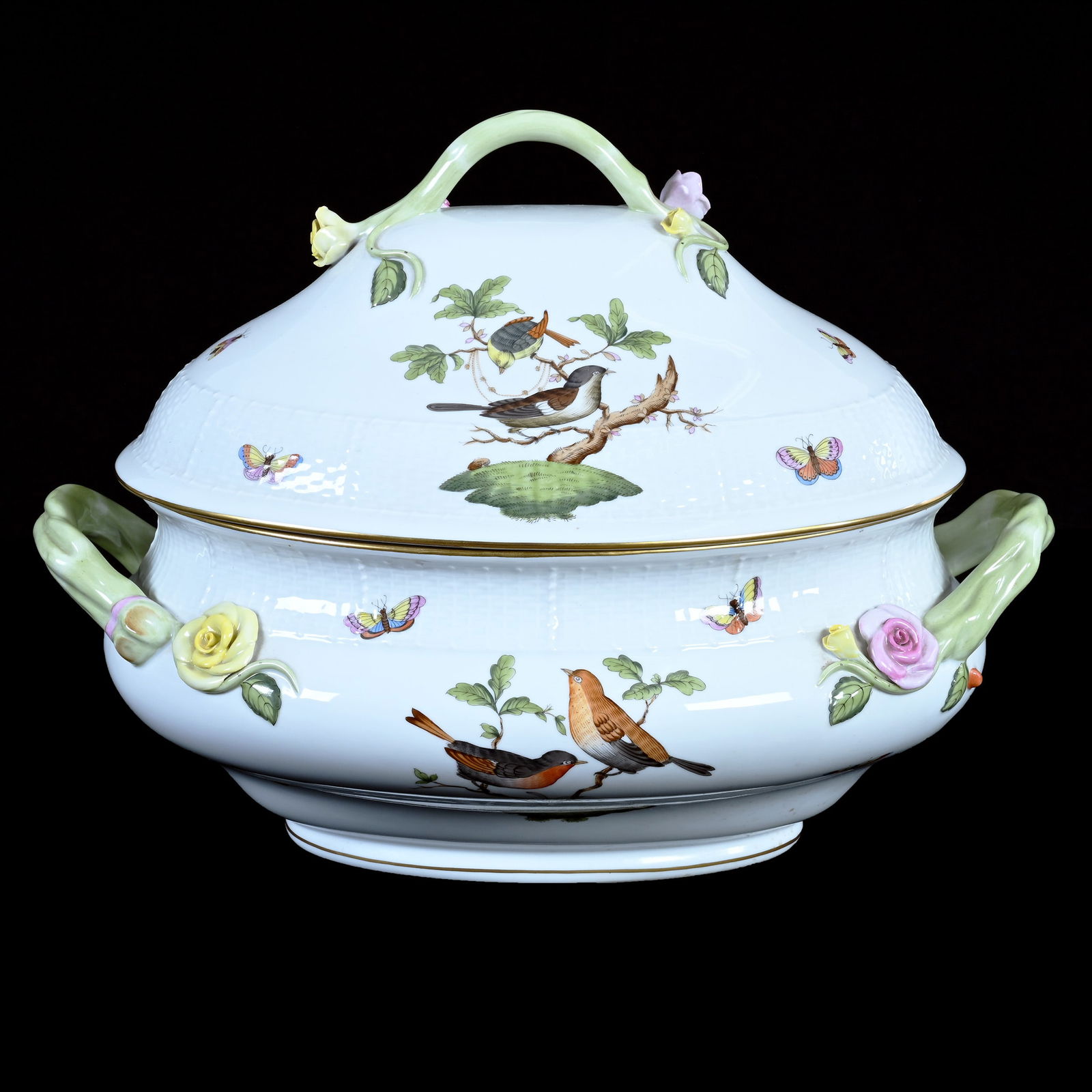 Oval Covered Tureen, Two Handles, Marked Herend Porcelain, Bird And Butterfly Decor (1 of 3)
