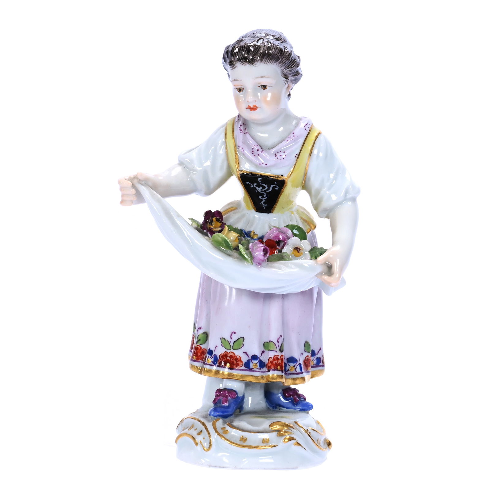 Figurine, Meissen Blue Crossed Swords Mark: Figurine, Meissen Blue Crossed Swords Mark, 4.25 x 2.25 x 1.75 Inches, #6X, Young Girl With Flowers In Apron, Circa 1755, 0.3 Pounds, Colorado Private Collection.