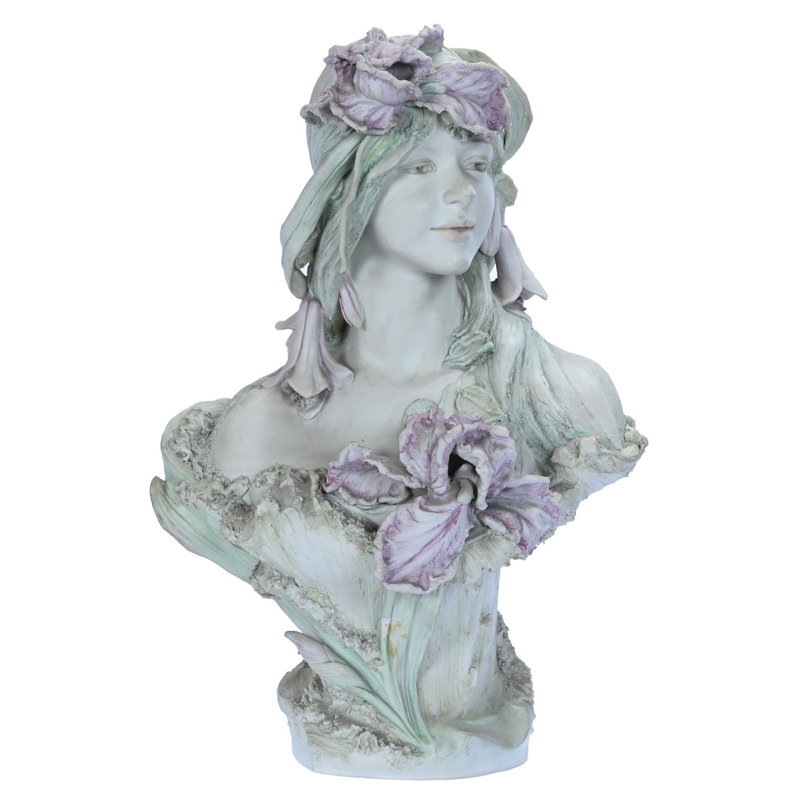 Bust, Marked Royal Dux (Pink Triangle Mark), #506: Bust, Marked Royal Dux (Pink Triangle Mark), #506, 20 x 14 x 9 Inches, Art Nouveau Figure Of Young Woman With Iris Flowers, Hard To See Chip Repair On Flower Stem, 13.5 Pounds, Lena Salardino Collecti