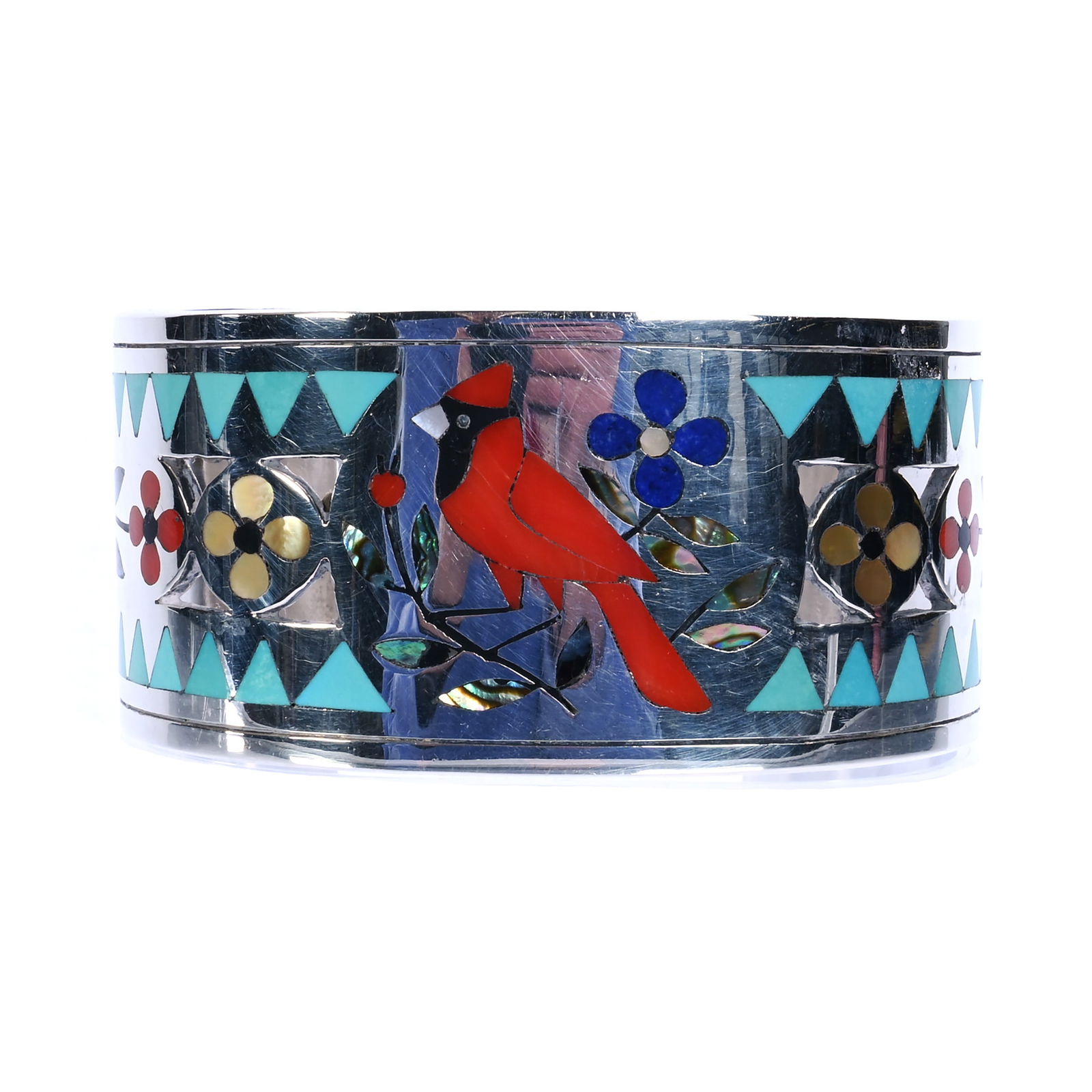 Zuni Sterling Silver Bracelet, Marked By Dennis And Nancy Edaakie: Zuni Sterling Silver Bracelet, Marked By Dennis And Nancy Edaakie, 1.75 x 2.5 x 1.25 Inches, Cardinal And Floral Design, Dennis & Nancy Edaakie Are Known Masters Of The Zuni Inlay Technique, 66 Grams,