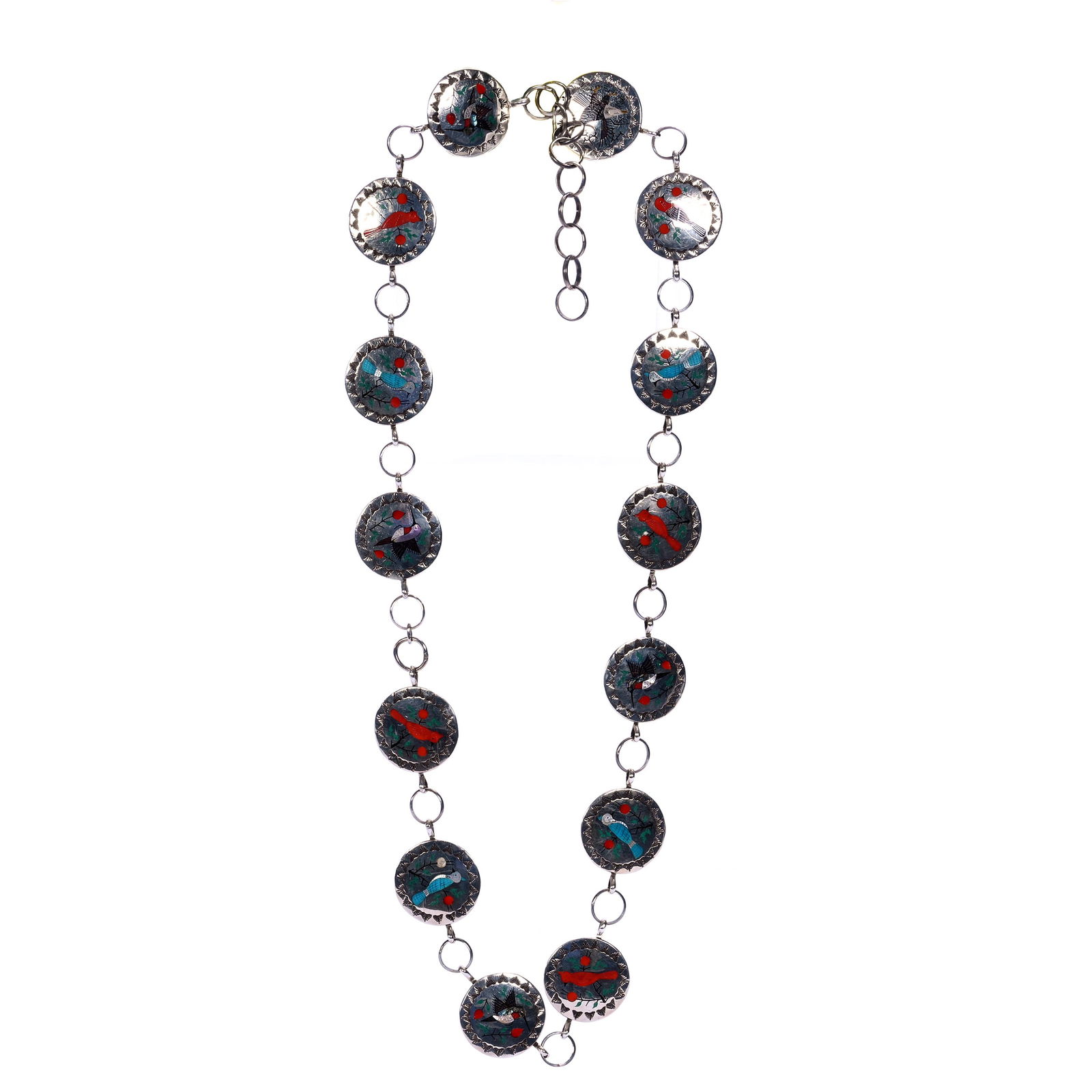 Zuni Sterling Silver Concho Belt, Marked RB Sterling Raymond Boyd (Circa Pre-1980's): Zuni Sterling Silver Concho Belt, Marked RB Sterling Raymond Boyd (Circa Pre-1980's), 40.5 x 1.5 x 0.25 Inches, 14 Silver Dollar Sized Conchos, Featuring Cardinals, Bluejays, Hummingbirds, And Bald Ea