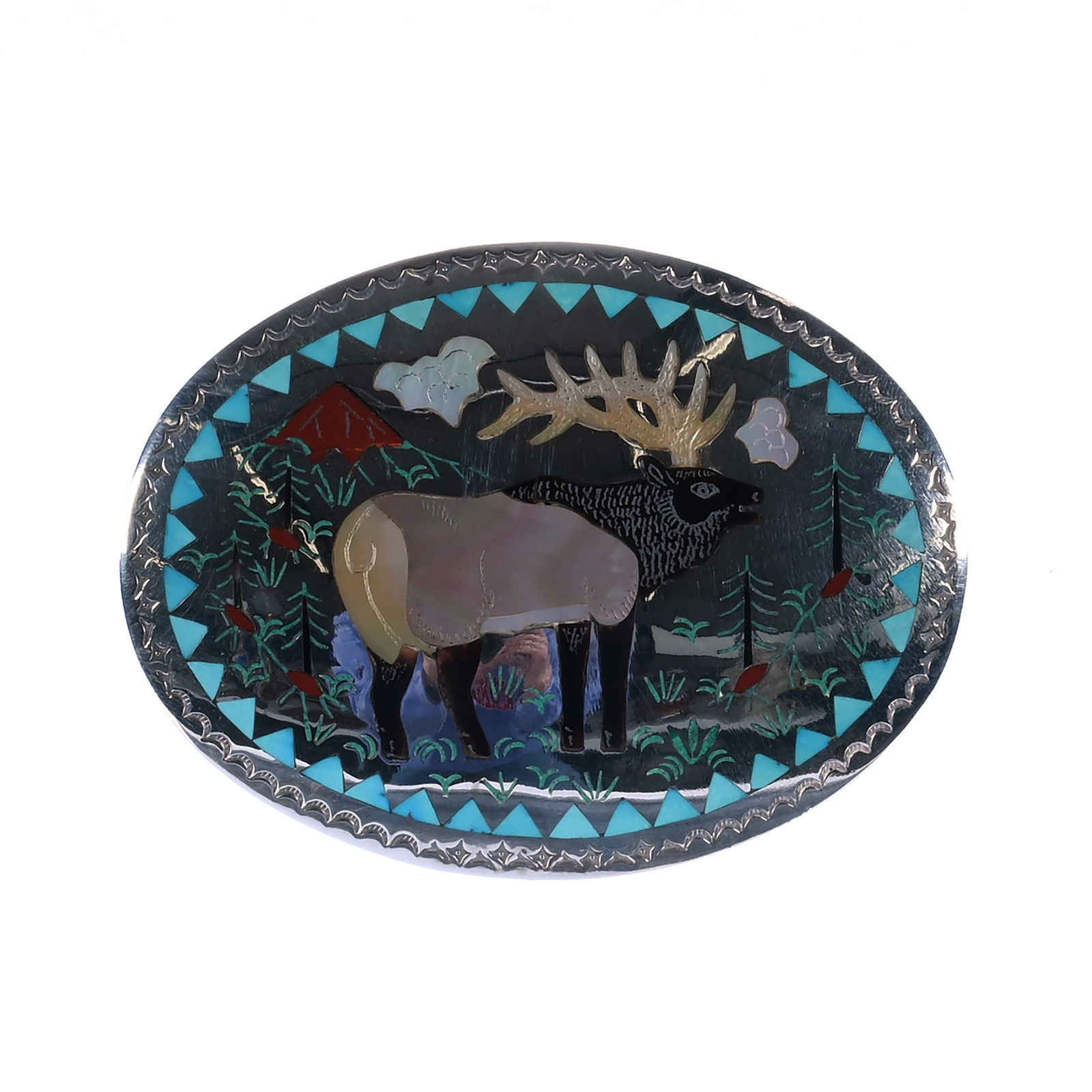 Zuni Sterling Silver Belt Buckle, Marked Sammy And Esther Guardian, Circa 1970's: Zuni Sterling Silver Belt Buckle, Marked Sammy And Esther Guardian, Circa 1970's, 3.5 x 2.75 x 0.25 Inches, Elk Inlay Design, 57 Grams, Colorado Private Collection.