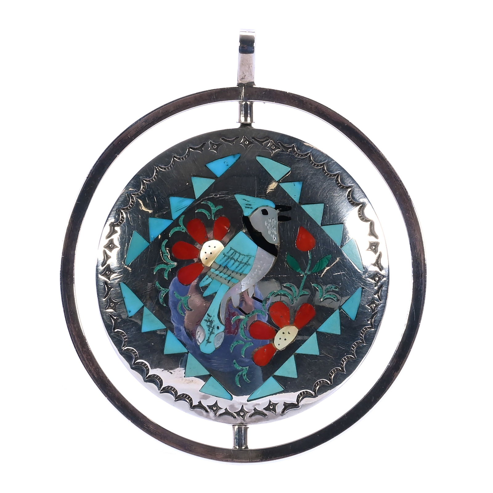 Zuni Sterling Silver Spinner Pendant, Marked Sammy And Esther Guardian, Circa 1970's (1 of 3)