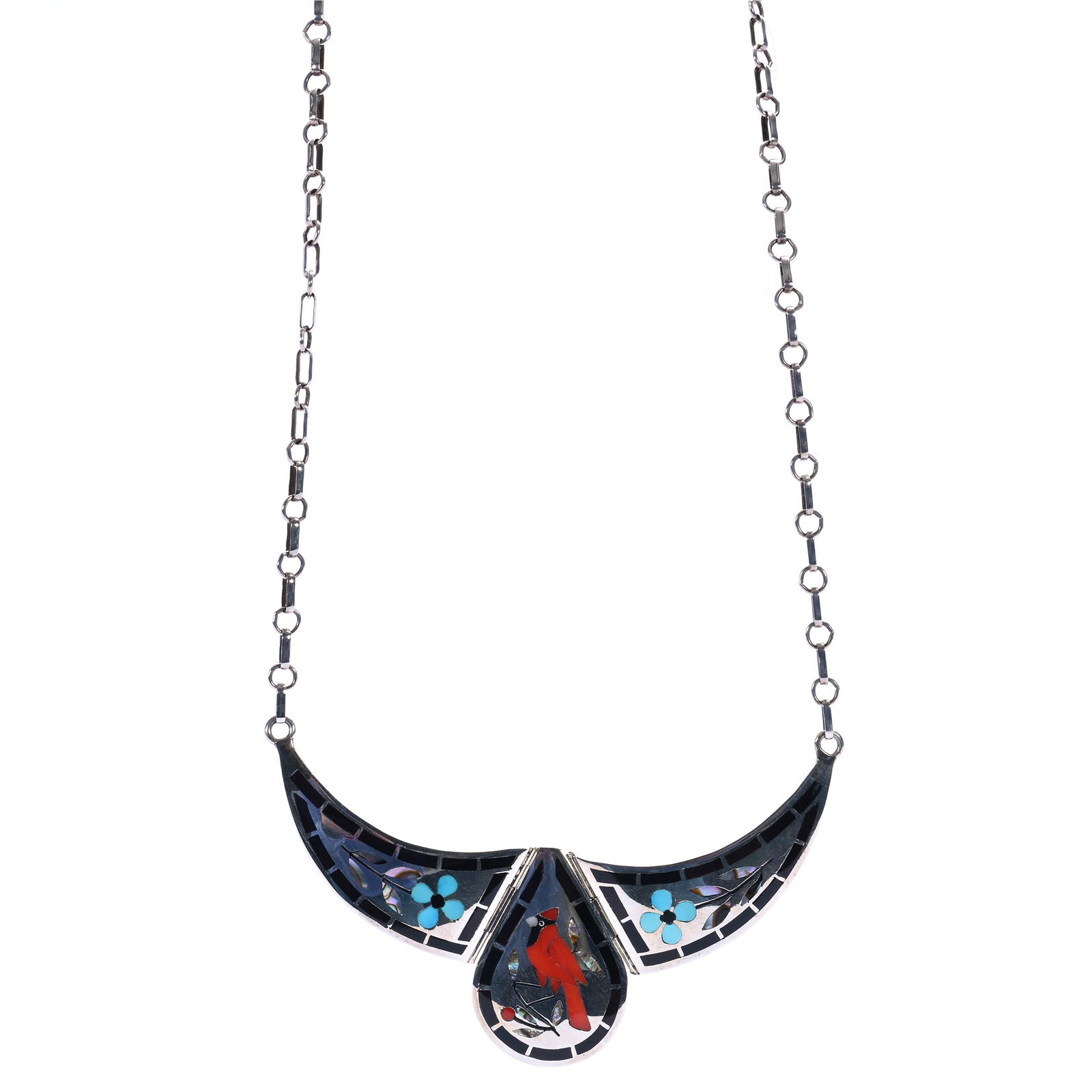 Zuni Sterling Silver Necklace, Marked By Dennis And Nancy Edaakie: Zuni Sterling Silver Necklace, Marked By Dennis And Nancy Edaakie, 2.5 x 4 x 0.125 Inches, Three Section Crescent Form With Cardinal Design, 18" Chain Length, Dennis & Nancy Edaakie Are Known Masters