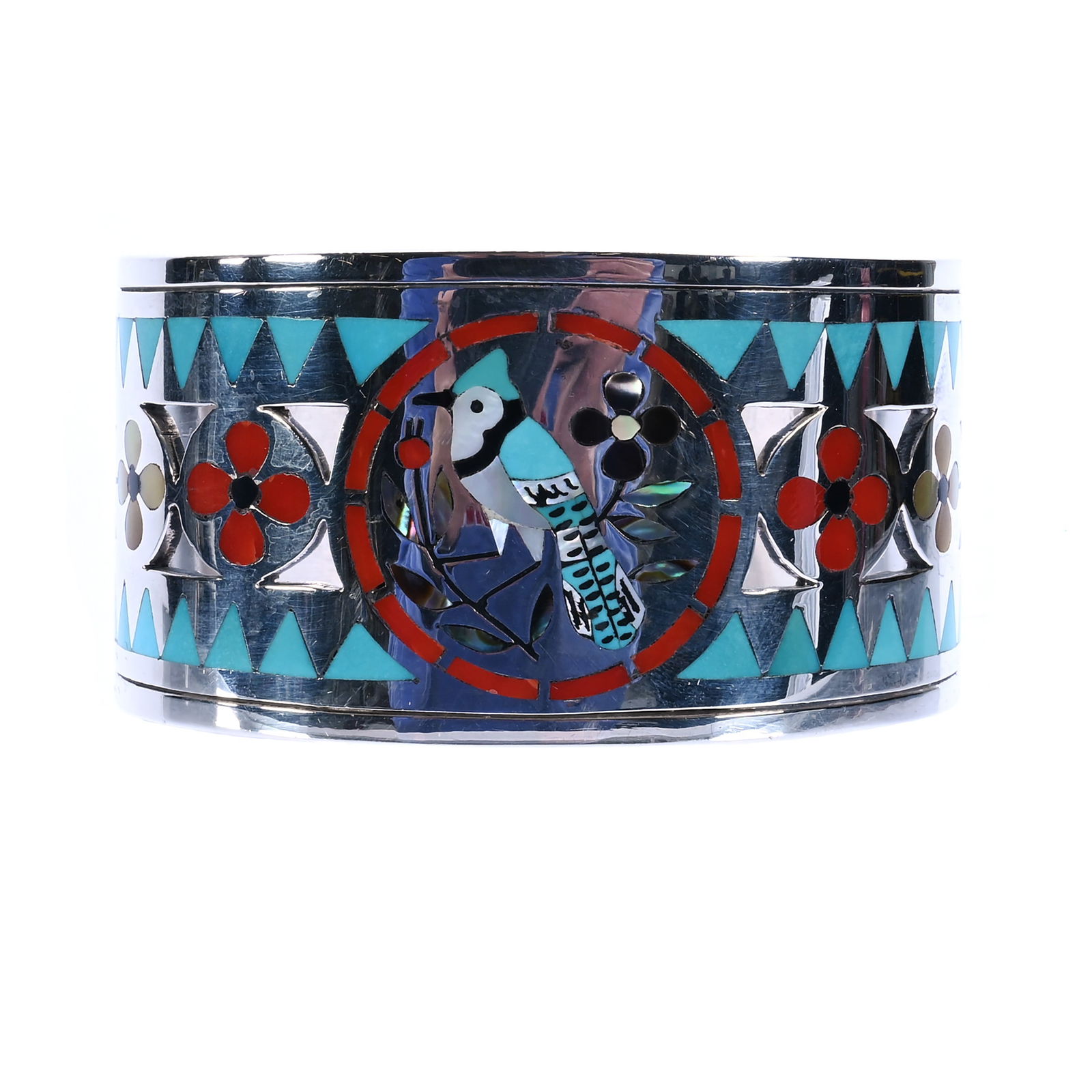 Zuni Sterling Silver Bracelet, Marked By Dennis And Nancy Edaakie: Zuni Sterling Silver Bracelet, Marked By Dennis And Nancy Edaakie, 1.75 x 2.5 x 1.25 Inches, Bluebird And Floral Design, Dennis & Nancy Edaakie Are Known Masters Of The Zuni Inlay Technique, 72 Grams,