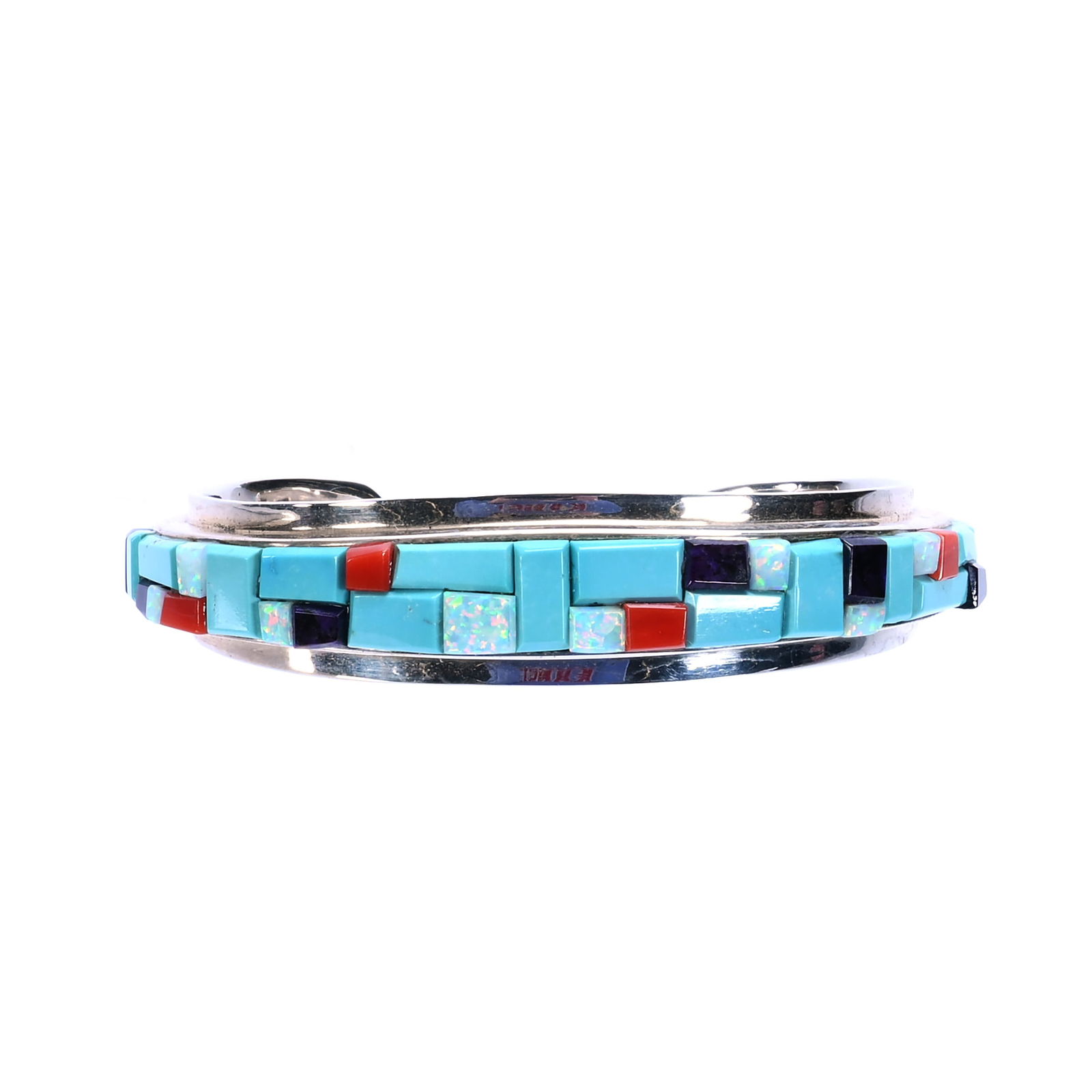 Navajo Bracelet, Sterling Silver With Turquoise And Coral Cobblestone Design: Navajo Bracelet, Sterling Silver With Turquoise And Coral Cobblestone Design, 2.75 x 2.25 x 0.375 Inches, Artist Signed Christin Wolf, Marked TAS (Tommy Secatero), 45 Grams, Colorado Private Collectio