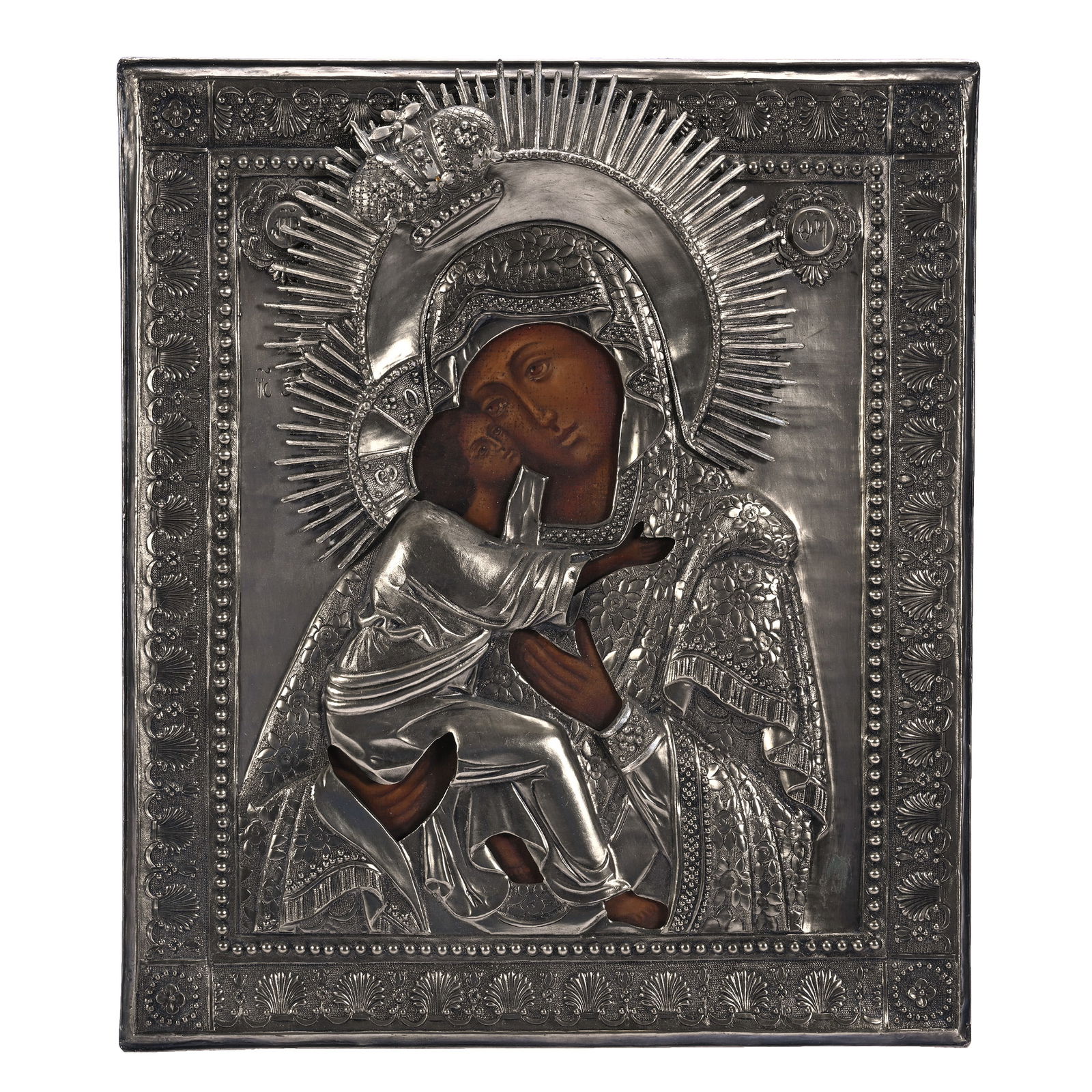 Russian Orthodox Icon: Russian Orthodox Icon, 12 x 10.25 x 1.5 Inches, Silver Embossed Three Dimensional Overlay With Painted Images, Mother Mary And Child, 3.8 Pounds, Colorado Private Collection.
