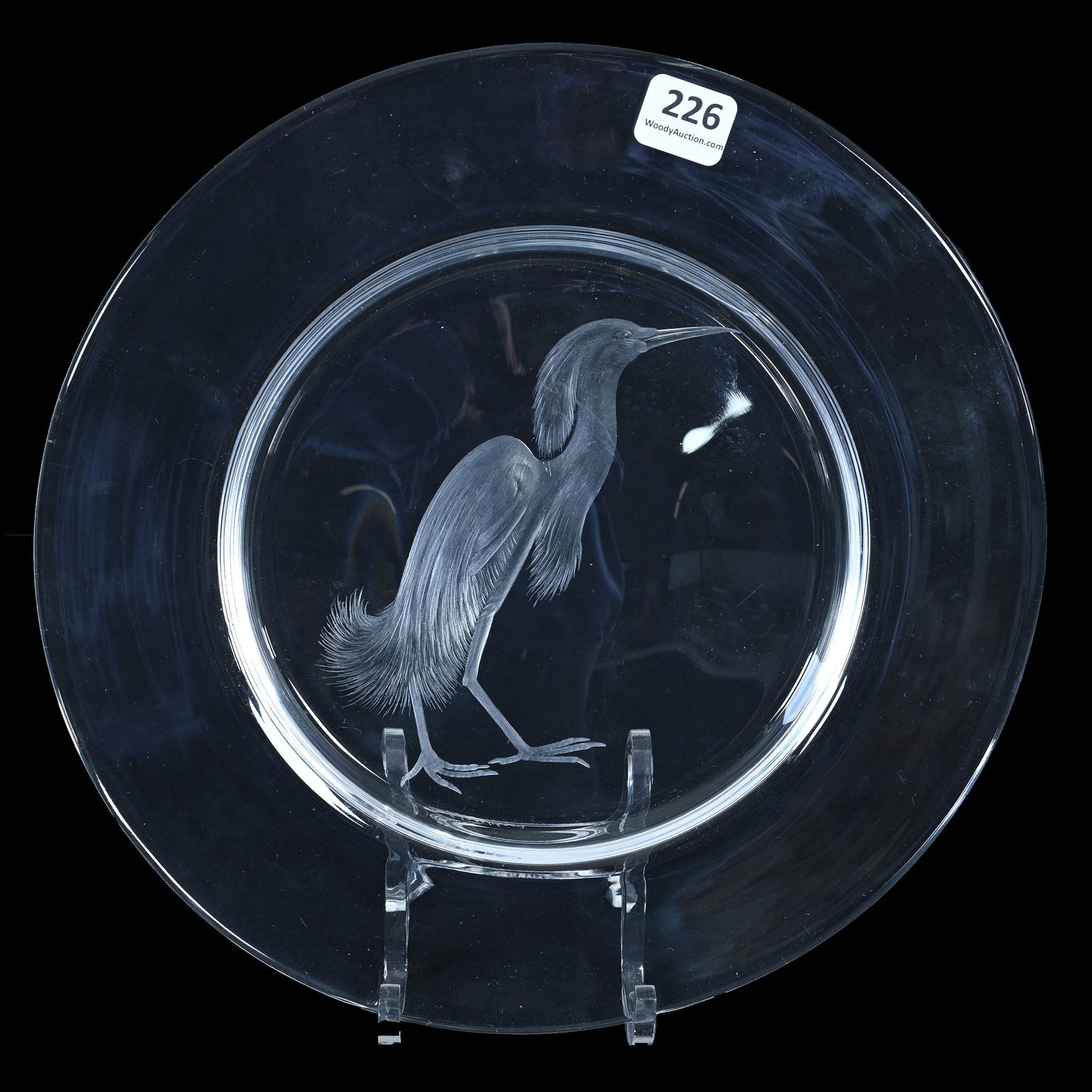 Plate, Signed Steuben Art Glass: Plate, Signed Steuben Art Glass, 10 x 10 x 0.75 Inches, Beautiful Clear Crystal With Engraved Egret Decor, 2.5 Pounds, Pennsylvania Private Collection.