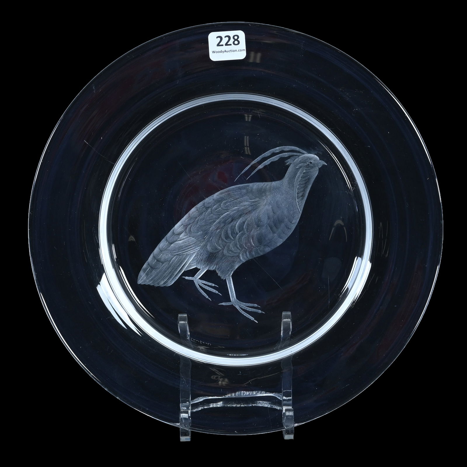 Plate, Signed Steuben Art Glass: Plate, Signed Steuben, 10 x 10 x 0.75 Inches, Beautiful Clear Crystal With Engraved Mountain Quail, 1.9 Pounds, Pennsylvania Private Collection.