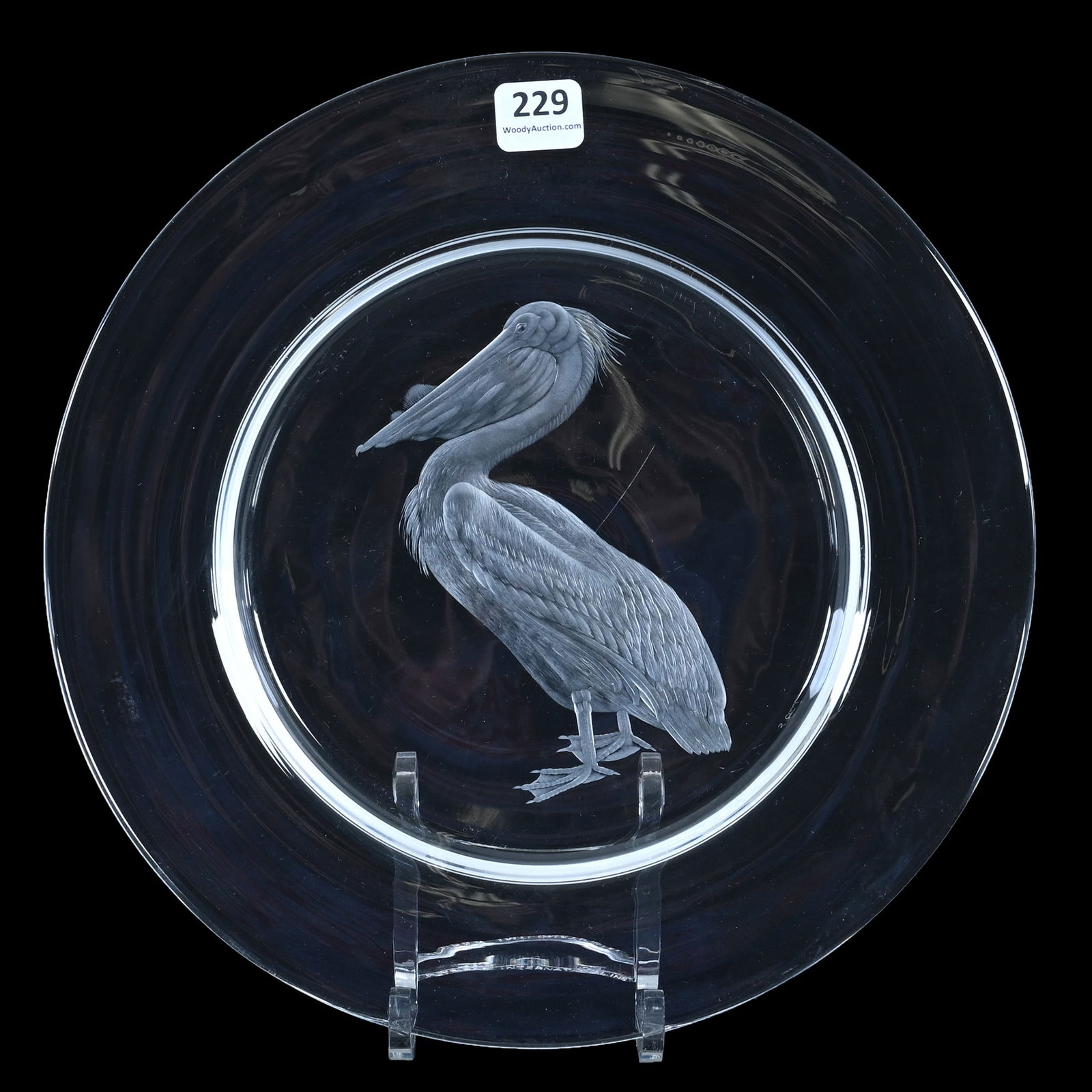 Plate, Signed Steuben Art Glass: Plate, Signed Steuben, 10 x 10 x 0.75 Inches, Beautiful Clear Crystal With Engraved Pelican, 2 Pounds, Pennsylvania Private Collection.