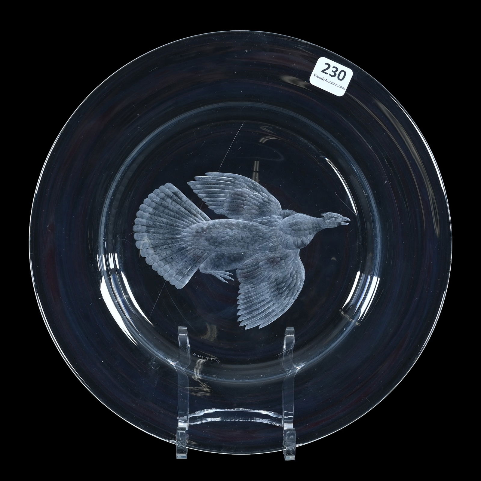 Plate, Signed Steuben Art Glass: Plate, Signed Steuben, 10 x 10 x 0.75 Inches, Beautiful Clear Crystal With Engraved Ruffled Grouse, 1.7 Pounds, Pennsylvania Private Collection.