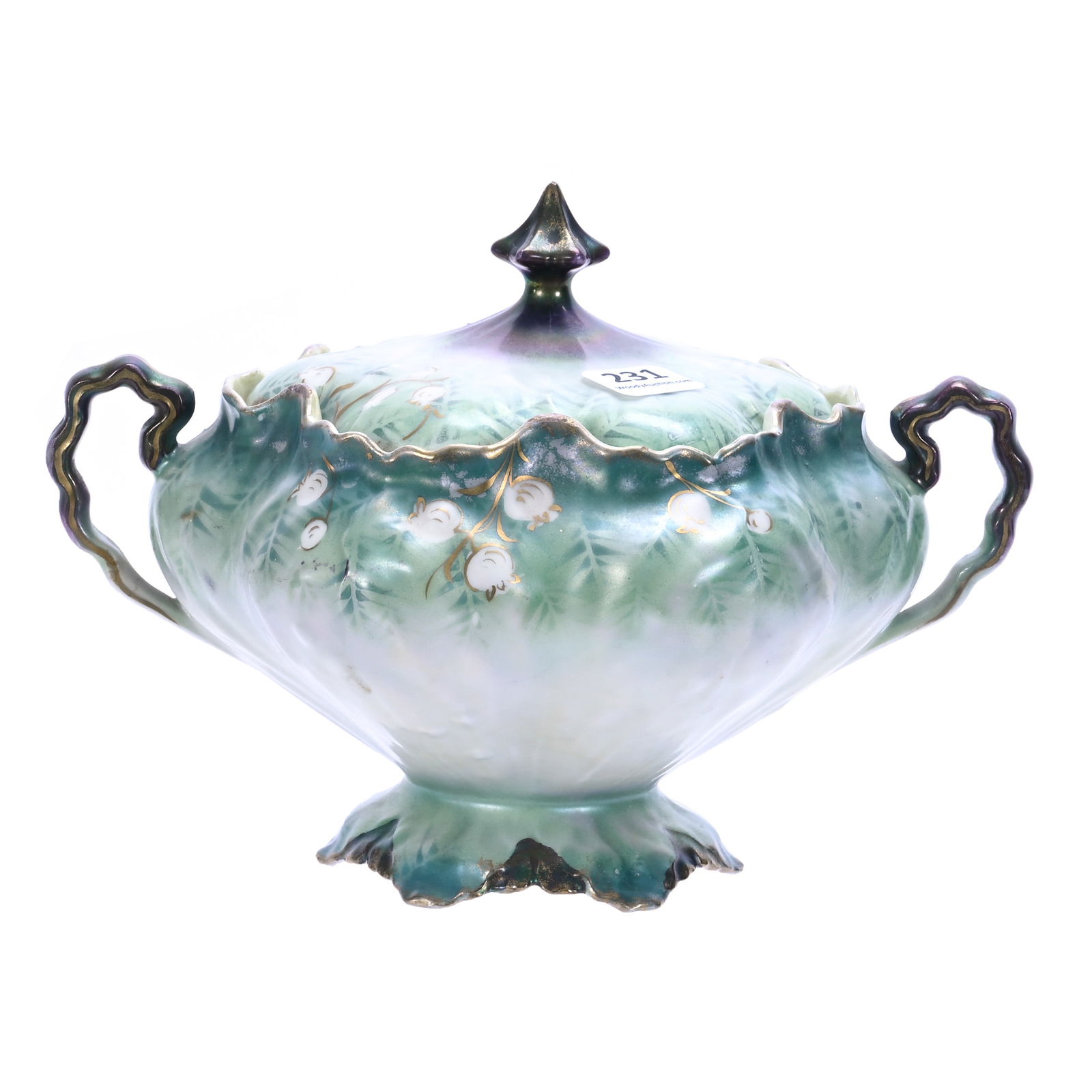 Two Handled Pedestal Cracker Jar, Unmarked R.S. Prussia: Two Handled Pedestal Cracker Jar, Unmarked R.S. Prussia, 6 x 8.25 x 6 Inches, Green And White Satin Finish With Tiffany Highlights, Lily Of The Valley Decor, 1.1 Pounds, Colorado Private Collection.
