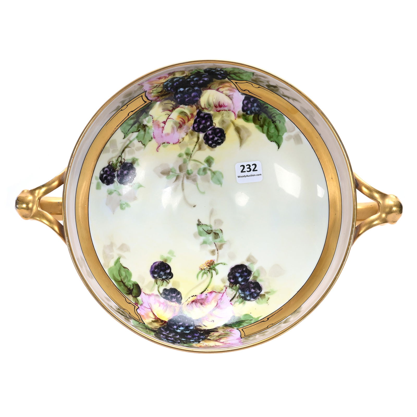 Pedestal Two Handled Bowl, Marked Rosenthal: Pedestal Two Handled Bowl, Marked Rosenthal, 4.5 x 12.25 x 9.25 Inches, Hand Painted Blackberry Decor, Strong Gold Trim Highlights, 1.9 Pounds, Colorado Private Collection.