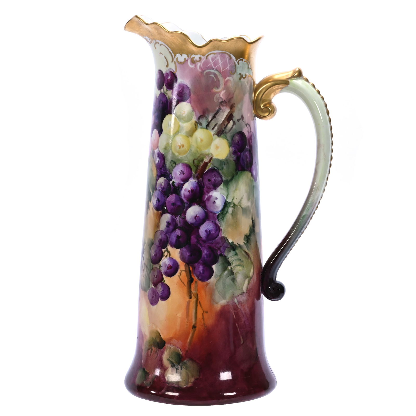 Tankard, Marked J.P. Limoges, Hand Painted Vintage Decor: Tankard, Marked J.P. Limoges, Hand Painted Vintage Decor, 15 x 8 x 6 Inches, Maroon, Brown, Green, Yellow, And Pink Tones, Heavy Gold Trim, 3.5 Pounds, Colorado Private Collection.