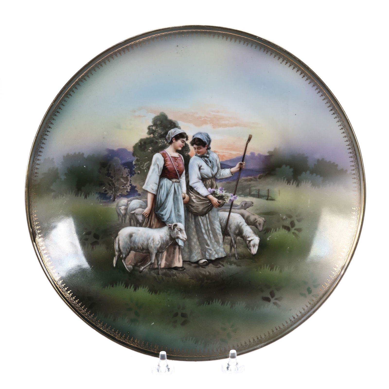 Round Plaque, Marked R.S. Germany: Round Plaque, Marked R.S. Germany, 10.75 x 10.75 x 1.25 Inches, Shepherdess Scenic Decor, Nice Gold Stencil Highlights., 1.3 Pounds, Colorado Private Collection.