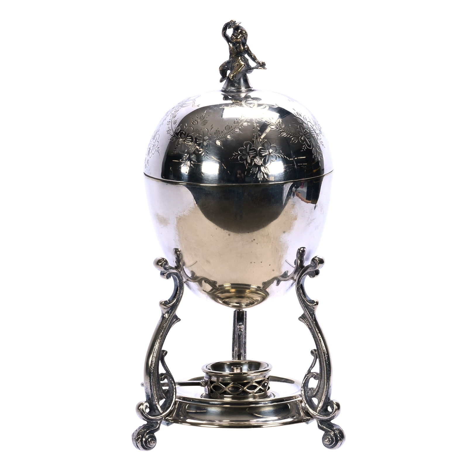 Victorian English Silverplate Egg Warmer, Original Burner, Figural Cherub Finial (1 of 4)