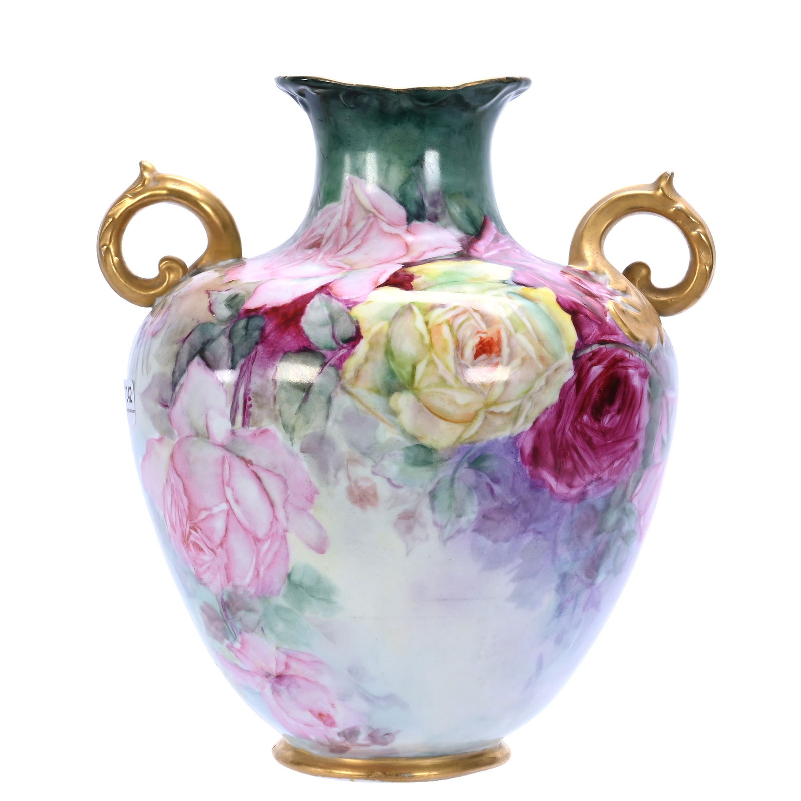 Two Handled Vase, Unmarked Limoges Style: Two Handled Vase, Unmarked Limoges Style, 11 x 10 x 8.5 Inches, Hand Painted Rose Decor, Green, Blue, Lavender, And Yellow Background, Heavy Gold Trim, 4.2 Pounds, Colorado Private Collection.