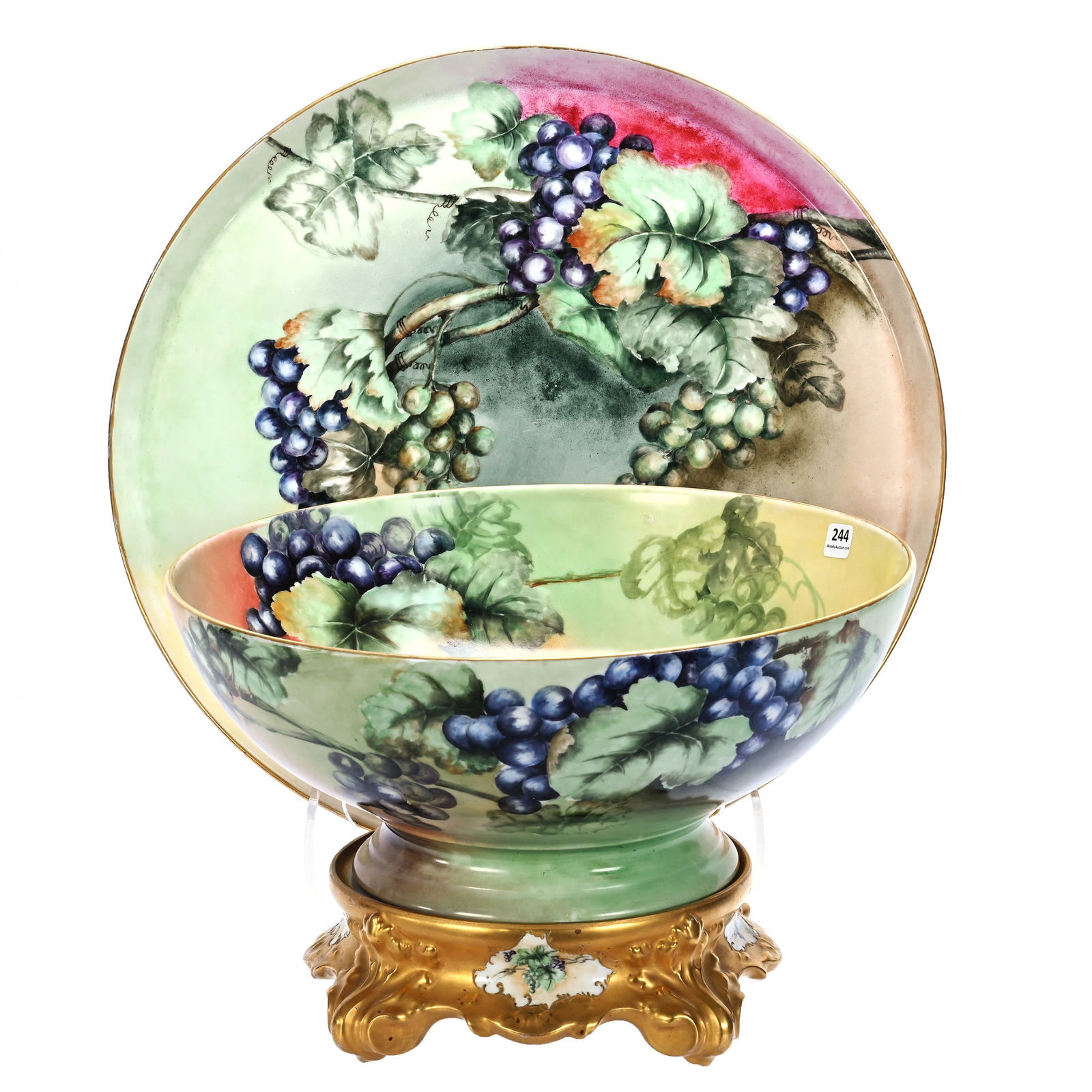 Two Part Punch Bowl With Tray, Marked T&V Limoges: Two Part Punch Bowl With Tray, Marked T&V Limoges, 9.25 x 18 x 18 Inches, Hand Painted Vintage Decor, Base Features Heavy Gold With Vintage Decor Windows, Punch Bowl Diameter Is 14.75", 15.5 Pounds, C