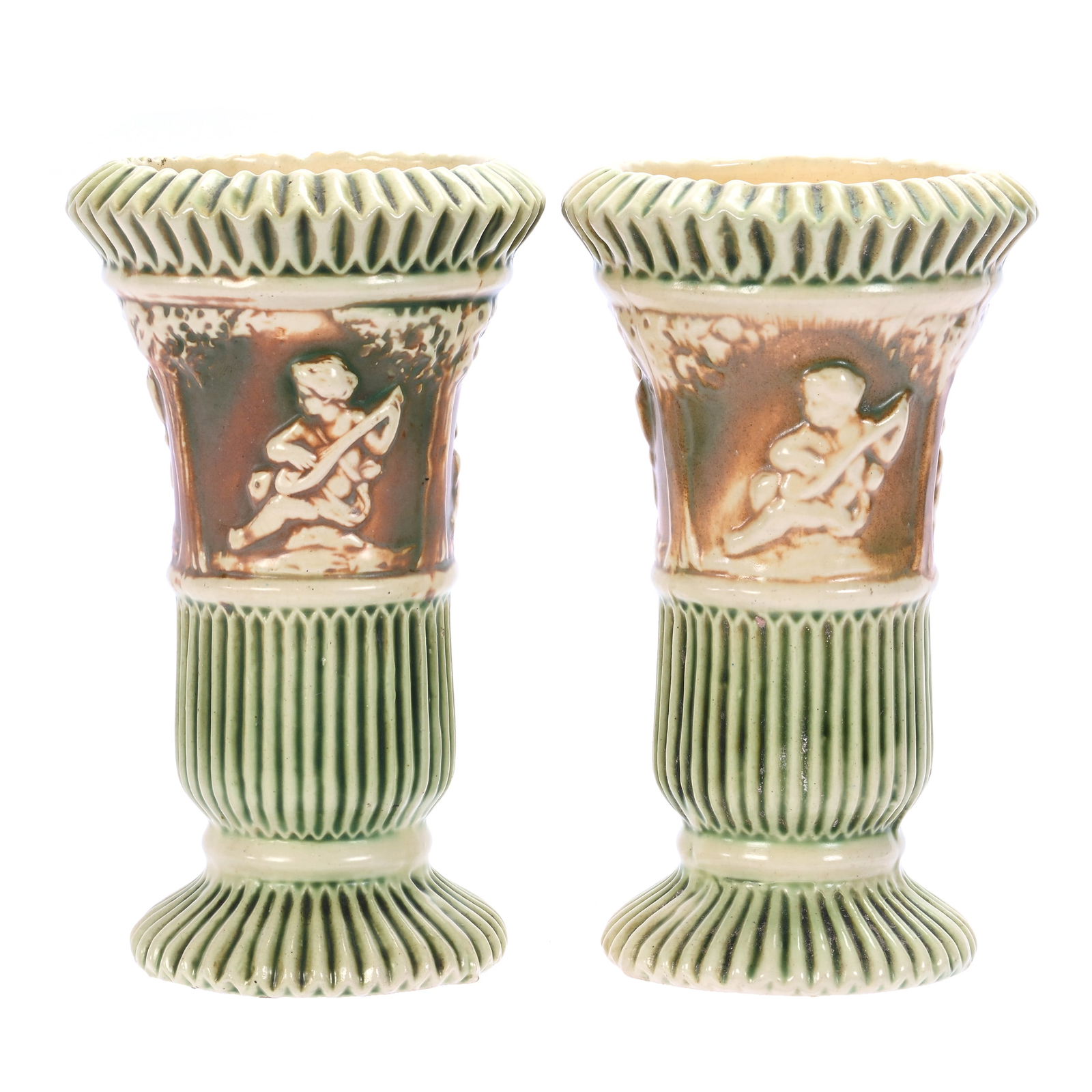 Pair Vases, Unmarked Roseville Art Pottery, Donatello Pattern (1 of 3)