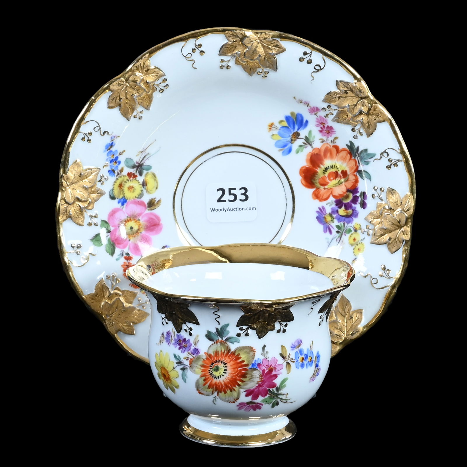 Cup And Saucer, Meissen Blue Crossed Swords Mark: Cup And Saucer, Meissen Blue Crossed Swords Mark, 3 x 6.25 x 6.25 Inches, White With Colorful Hand Painted Floral Decor, Heavy Gold Trim Highlights, 0.8 Pounds, Colorado Private Collection.