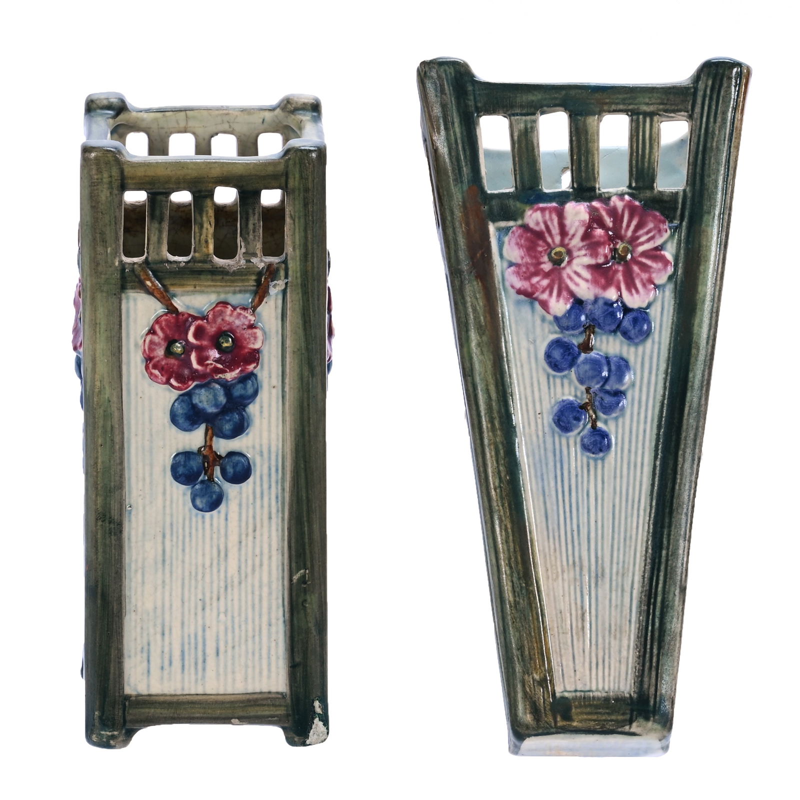 Wall Pocket And Vase, Unmarked Weller Art Pottery, Klyro Pattern: Wall Pocket And Vase, Unmarked Weller Art Pottery, Klyro Pattern, (1) 7.25" x 3.75" x 2.5" Wall Pocket And (1) 6.75" x 2.5" x 2.5" Vase, Wall Pocket Has Hard To See Small Rim Hairline, Vase Has A