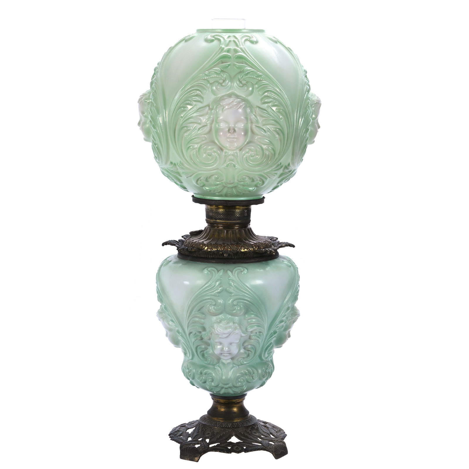 Gone With The Wind Kerosene Lamp, Baby Face (Cherub) By Consolidated Glass: Gone With The Wind Kerosene Lamp, Baby Face (Cherub) By Consolidated Glass, 25 x 10 x 10 Inches, Green And White Tones, Original Kerosene Font, 9.4 Pounds, Darrell and Sandy Shulte Collection, Kansas.
