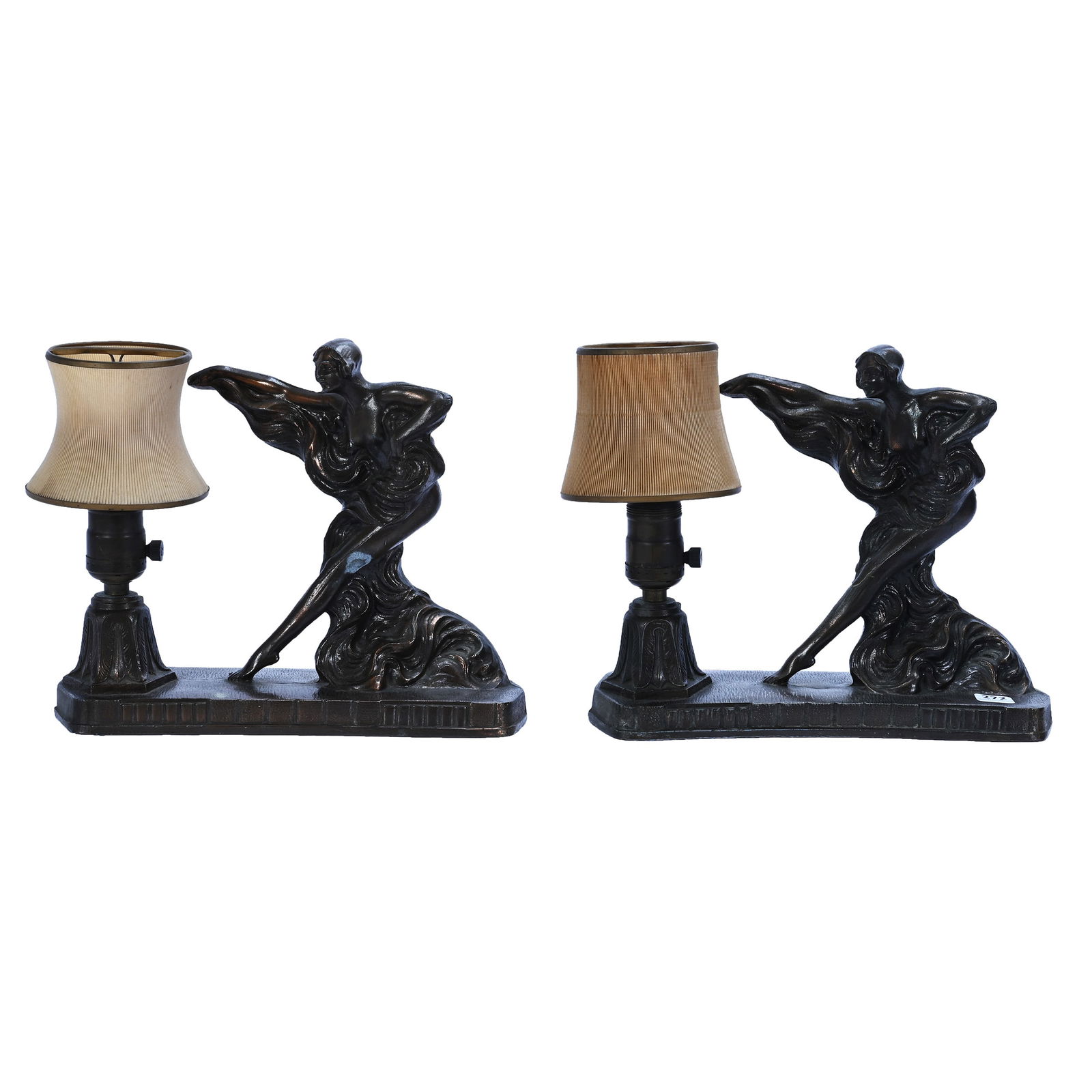 Pair Art Deco Figural Lamps: Pair Art Deco Figural Lamps, 9 x 11 x 4.5 Inches, Spelter Base Featuring Female, Single Bulb With Original Shades, Model #183, One Base Has Some Bend In The Metal, One Base Has A Rub On The Woman's
