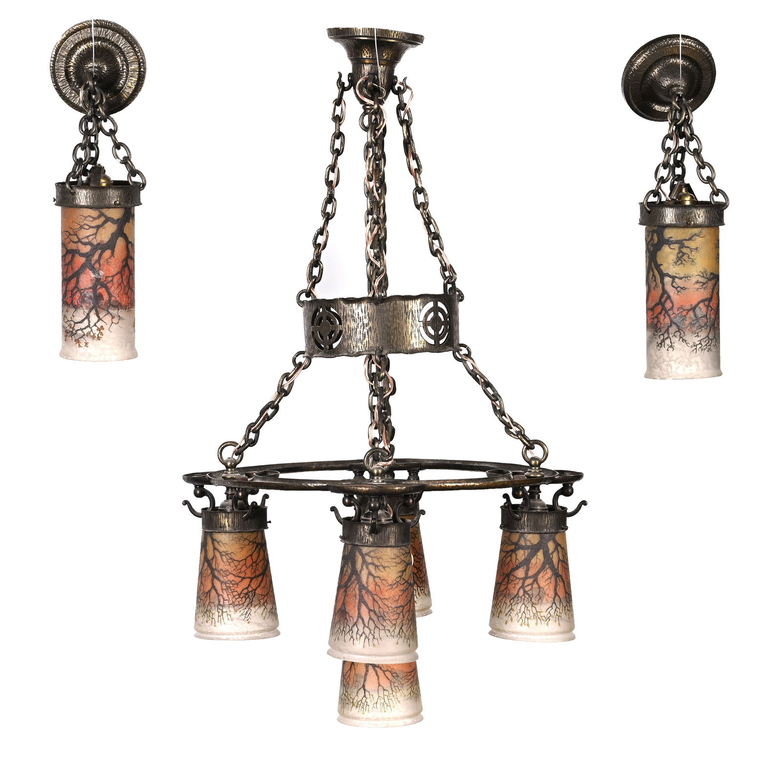 Arts And Crafts Chandelier Lamp With Signed Handel #2909 Decorated Shades: Arts And Crafts Chandelier Lamp With Signed Handel #2909 Decorated Shades, 33 x 21.5 x 21.5 Inches, Five-Light Chandelier With Elaborate Brass Arts And Crafts Frame, Sells With Two Matching Hanging