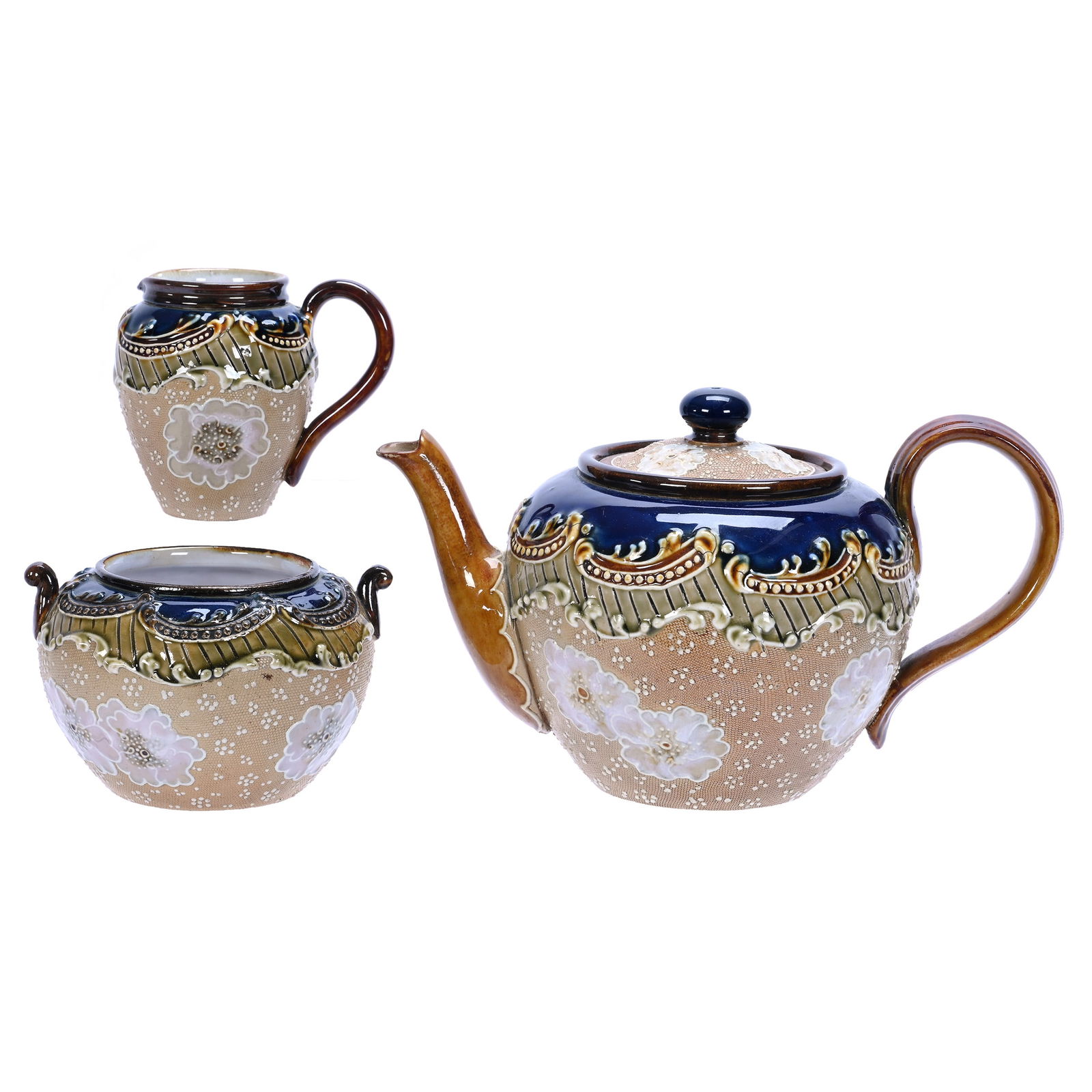 (3) Piece Tea Set, Marked Royal Doulton Lambeth & Slaters: (3) Piece Tea Set, Marked Royal Doulton Lambeth & Slaters, Cobalt Blue With Brown Textured Snakeskin Body, White Enamel Floral Highlights, (1) 5.5" x 9.25" Teapot With Matching Creamer And Sugar, 3.5
