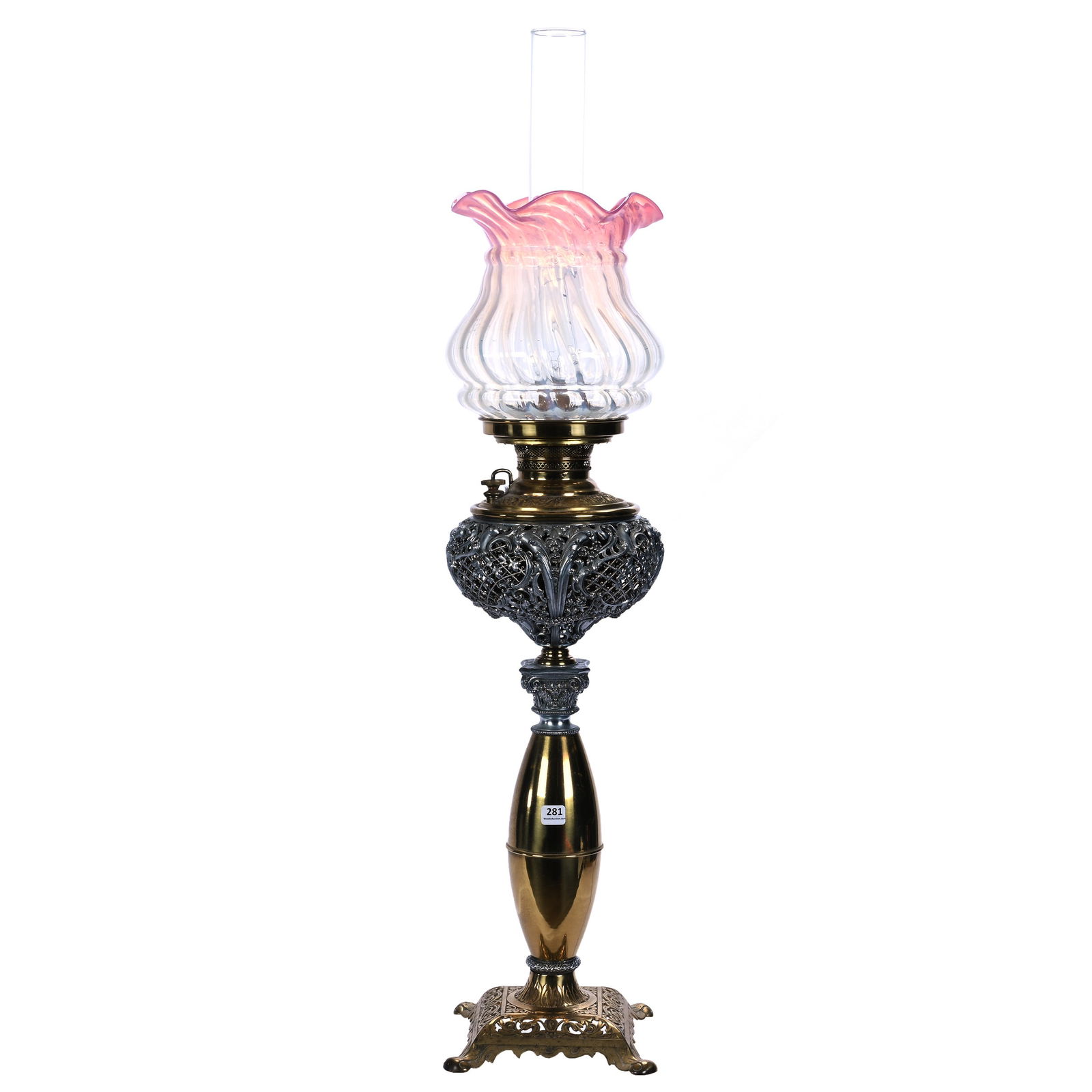 Banquet Lamp, Brass And Silver Colored Metal Base With Scroll And Lattice Design (1 of 5)