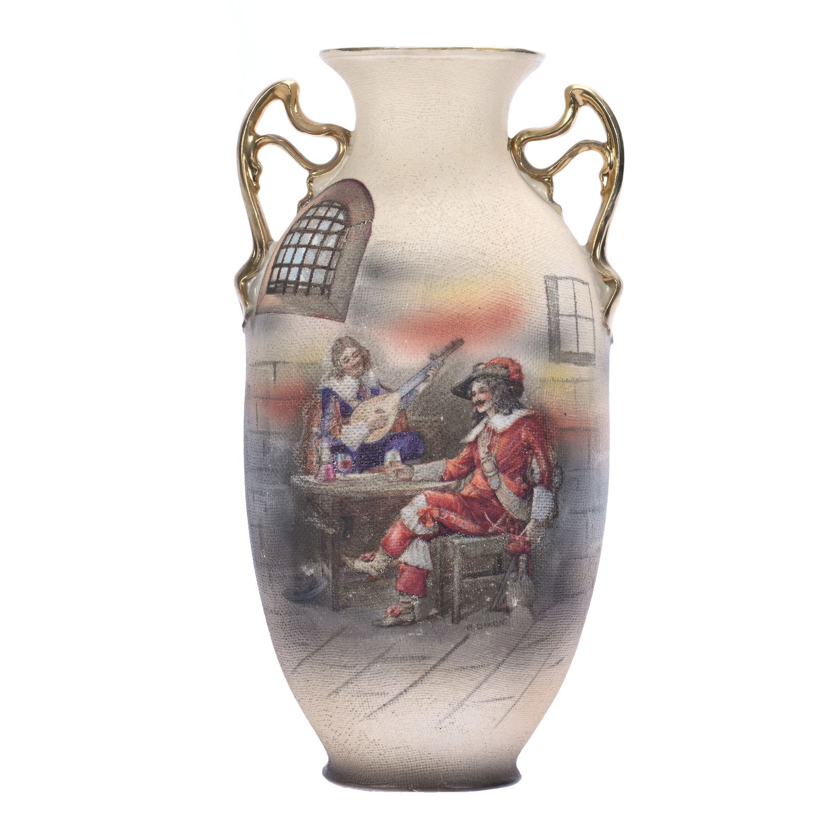 Two Handled Vase, Royal Bayreuth Blue Mark: Two Handled Vase, Royal Bayreuth Blue Mark, 8.25 x 4 x 3 Inches, Tavern Scene, Tapestry Finish, 0.8 Pounds, Private Collection, Kansas.