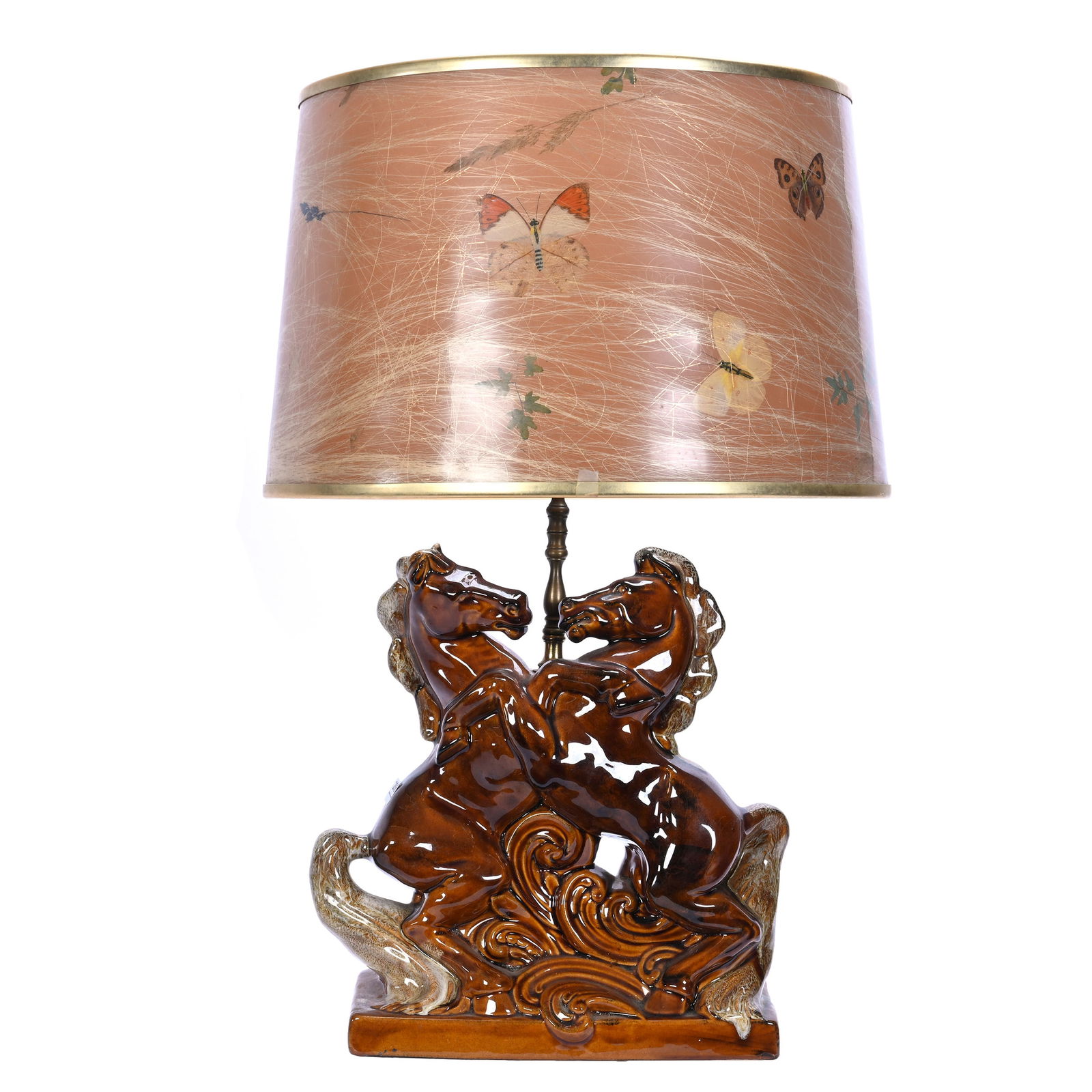 Table Lamp, Marked Anna Van Briggle: Table Lamp, Marked Anna Van Briggle, 25.5 x 16 x 16 Inches, Figural Base Featuring Stallions Fighting, Brown Glaze, Original Van Briggle Butterfly Shade. Woody Auction Cannot Ship This Item, It Must