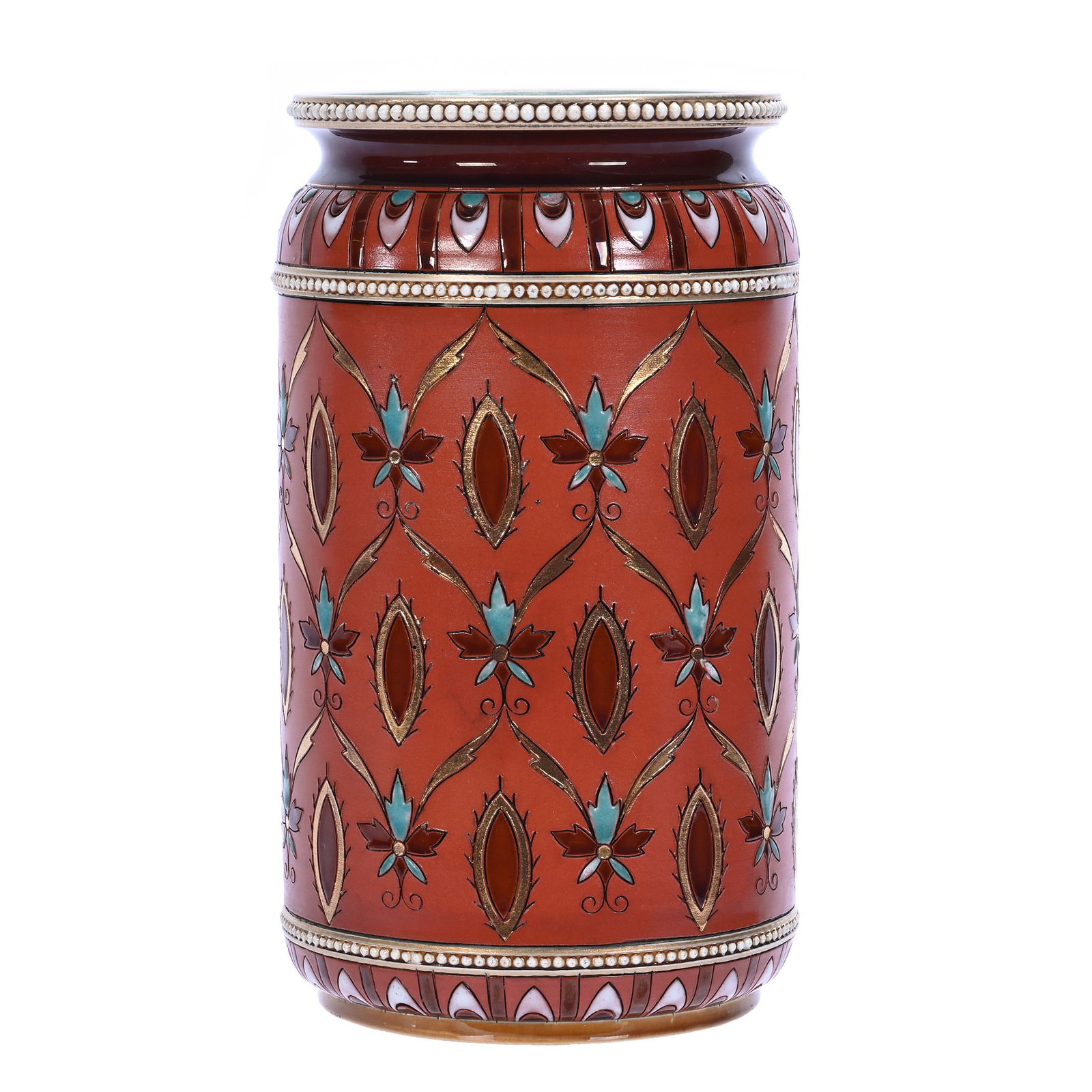 Vase, Marked Mettlach #1874: Vase, Marked Mettlach #1874, 8 x 4.5 x 4.5 Inches, Brown Background With Floral Design And Enamel Highlights, Turquoise Glaze Interior, 2.6 Pounds, Private Collection, Kansas.