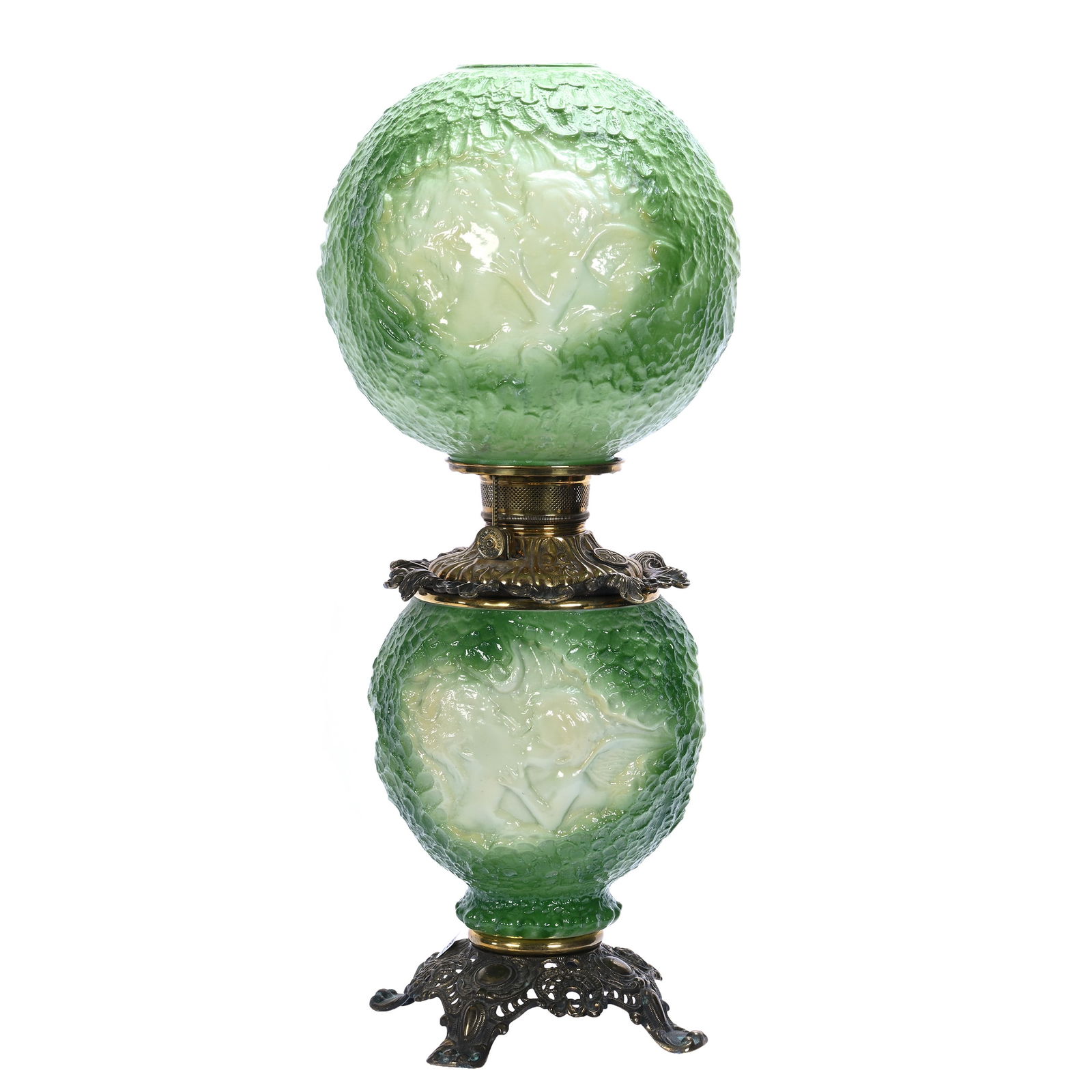 Gone With The Wind Kerosene Lamp, Psyche And Cupid Pattern By Fostoria: Gone With The Wind Kerosene Lamp, Psyche And Cupid Pattern By Fostoria, 23.5 x 10 x 10 Inches, Green And Custard Tones, Original Kerosene Font, Nicks Around Shade Ring, 7.6 Pounds, Darrell and Sandy