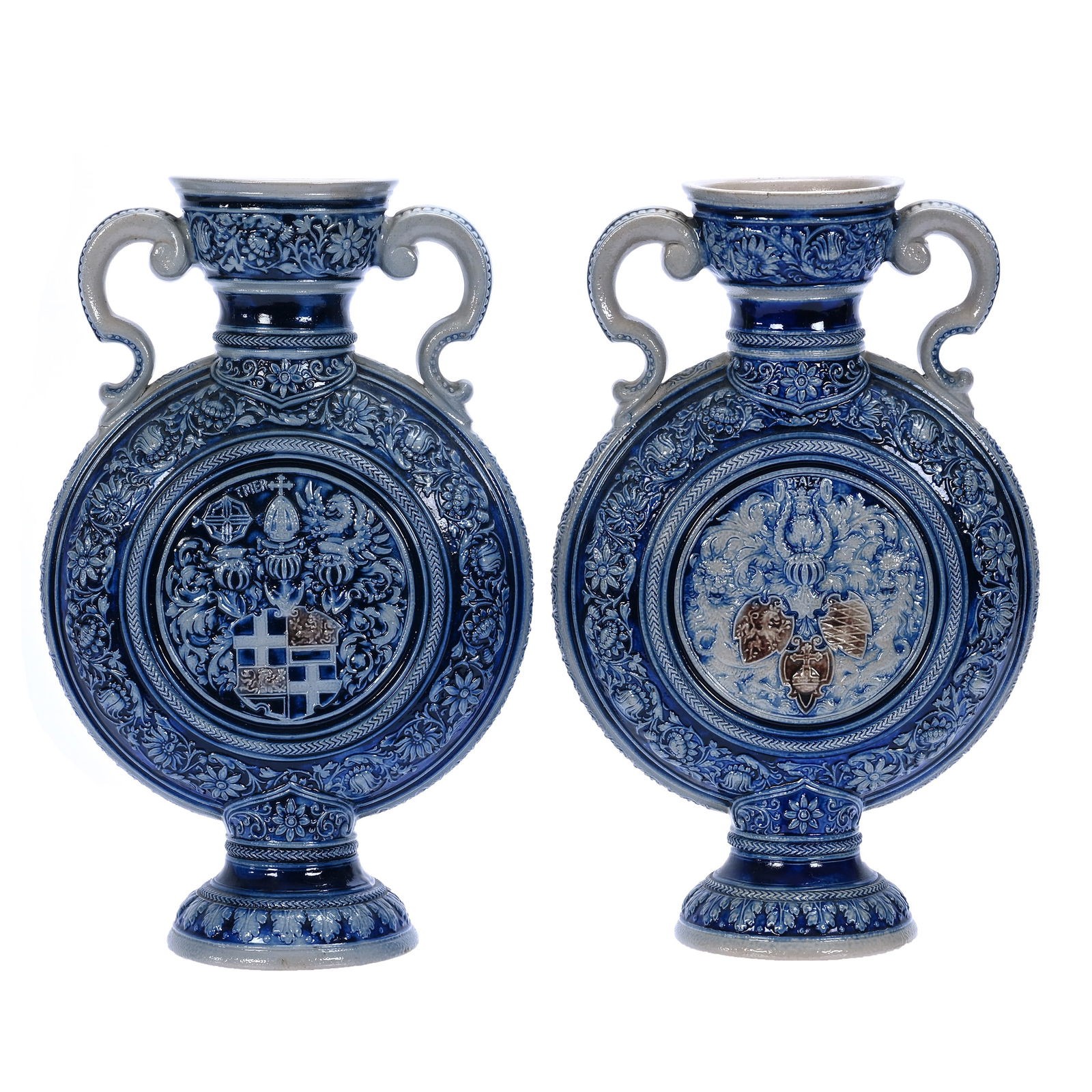 Pair Pedestal Two Handled Flask Shaped Vases, Marked Gerz: Pair Pedestal Two Handled Flask Shaped Vases, Marked Gerz, 11 x 6.75 x 3.5 Inches, Gray And Cobalt Blue Stoneware, Model #776A, Embossed Crest Design, Late 1800s, 5.5 Pounds, Private Collection,