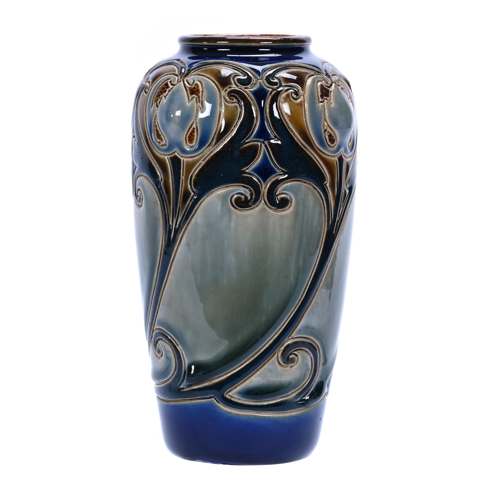 Vase, Marked Royal Doulton: Vase, Marked Royal Doulton, 6.75 x 3.75 x 3.75 Inches, Cobalt Blue With Green And Brown Art Nouveau Highlights, Artist Marked F.C.P., 1.3 Pounds, Private Collection, Kansas.