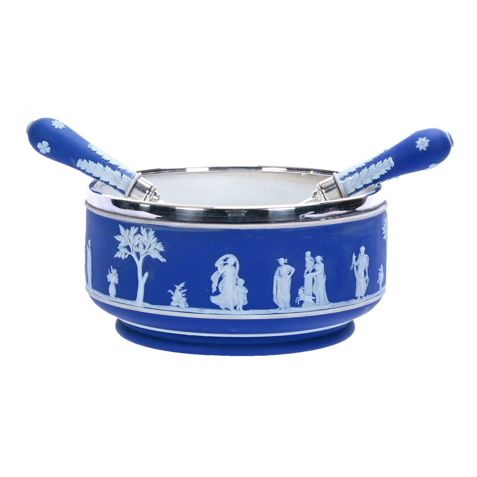 Salad Bowl With Matching 11" Fork And Spoon Marked Wedgwood: Salad Bowl With Matching 11" Fork And Spoon Marked Wedgwood, 4.5 x 9 x 9 Inches, Classic Blue And White Decor With Scenic Relief, Silverplate Rim On Bowl, 4 Pounds, Colorado Private Collection.