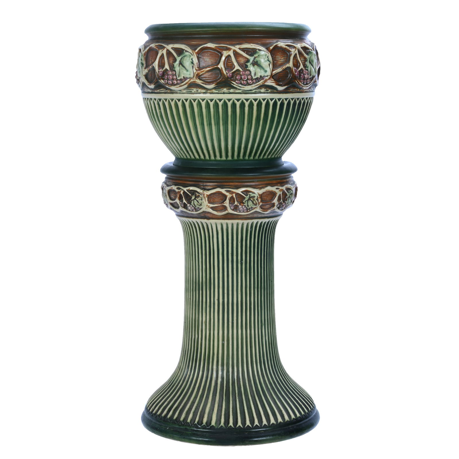 Two Part Jardiniere, Unmarked Roseville Art Pottery: Two Part Jardiniere, Unmarked Roseville Art Pottery, 27.25 x 12 x 12 Inches, Normandy Pattern, Circa 1928, Hairline Repair On Pedestal, 23.3 Pounds, Private Collection, Kansas.