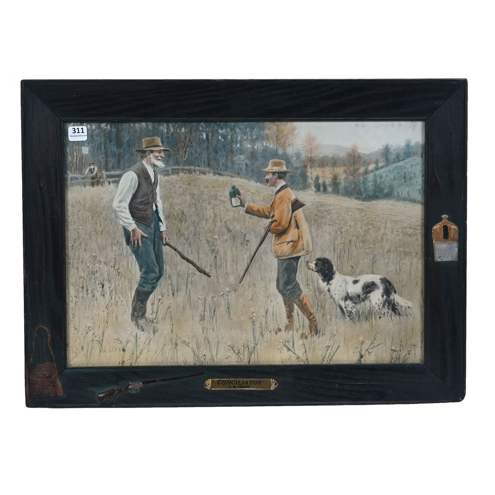 Framed Chromolithograph Print: Framed Chromolithograph Print, 15.5 x 21 x 1 Inches, Artist Marked Behind Frame A. B. Frost, Copyright 1906, Hunting Scene Titled "Conciliatory", Original Frame With Badge Featuring Hunting Bag,