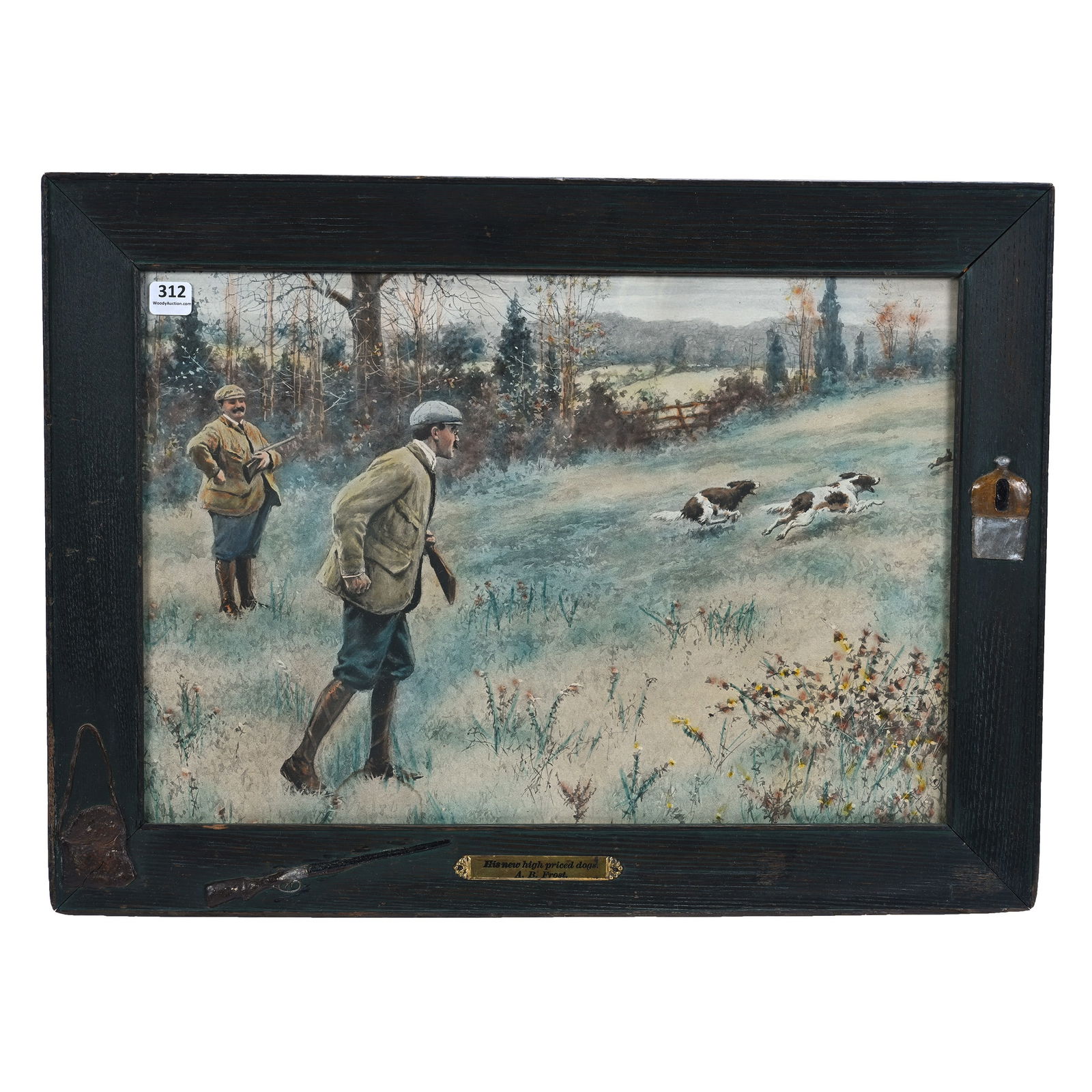Framed Chromolithograph Print: Framed Chromolithograph Print, 15.5 x 21 x 1 Inches, Artist Marked Behind Frame A. B. Frost, Copyright 1908, Hunting Scene Titled "His New High Priced Dogs", Original Frame With Badge Featuring