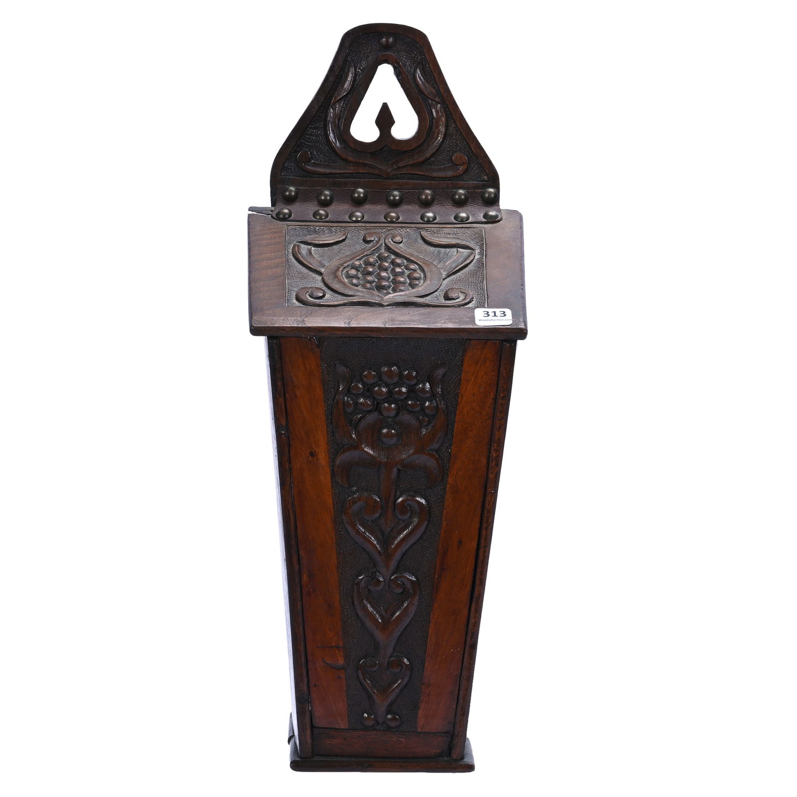 Georgian Oak Hanging Candle Box: Georgian Oak Hanging Candle Box, 18.25 x 7 x 5.5 Inches, Carved Panel Flip-Up Lid With Leather Hinge, Circa 1800s, 2.7 Pounds, Private Collection, Kansas.