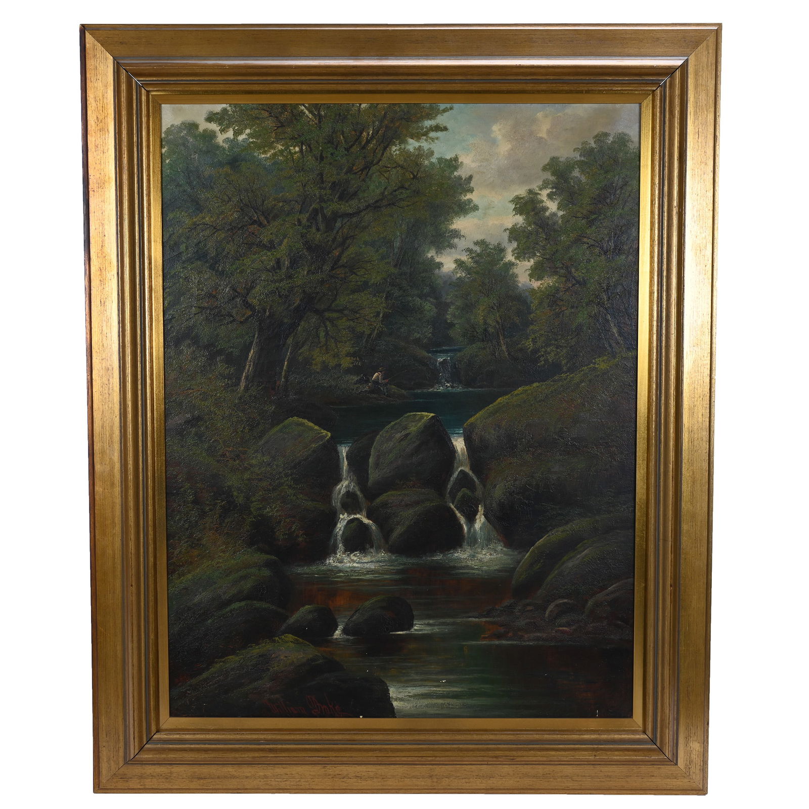 Original Oil On Canvas Painting, Artist Signed William Drake, Canadian/American, 1891 To 1979: Original Oil On Canvas Painting, Artist Signed William Drake, Canadian/American, 1891 To 1979, 44.5 x 36 x 3 Inches, Tiered Waterfalls With Fisherman In Forest Scenic Decor, Canvas Size 36" x 28",