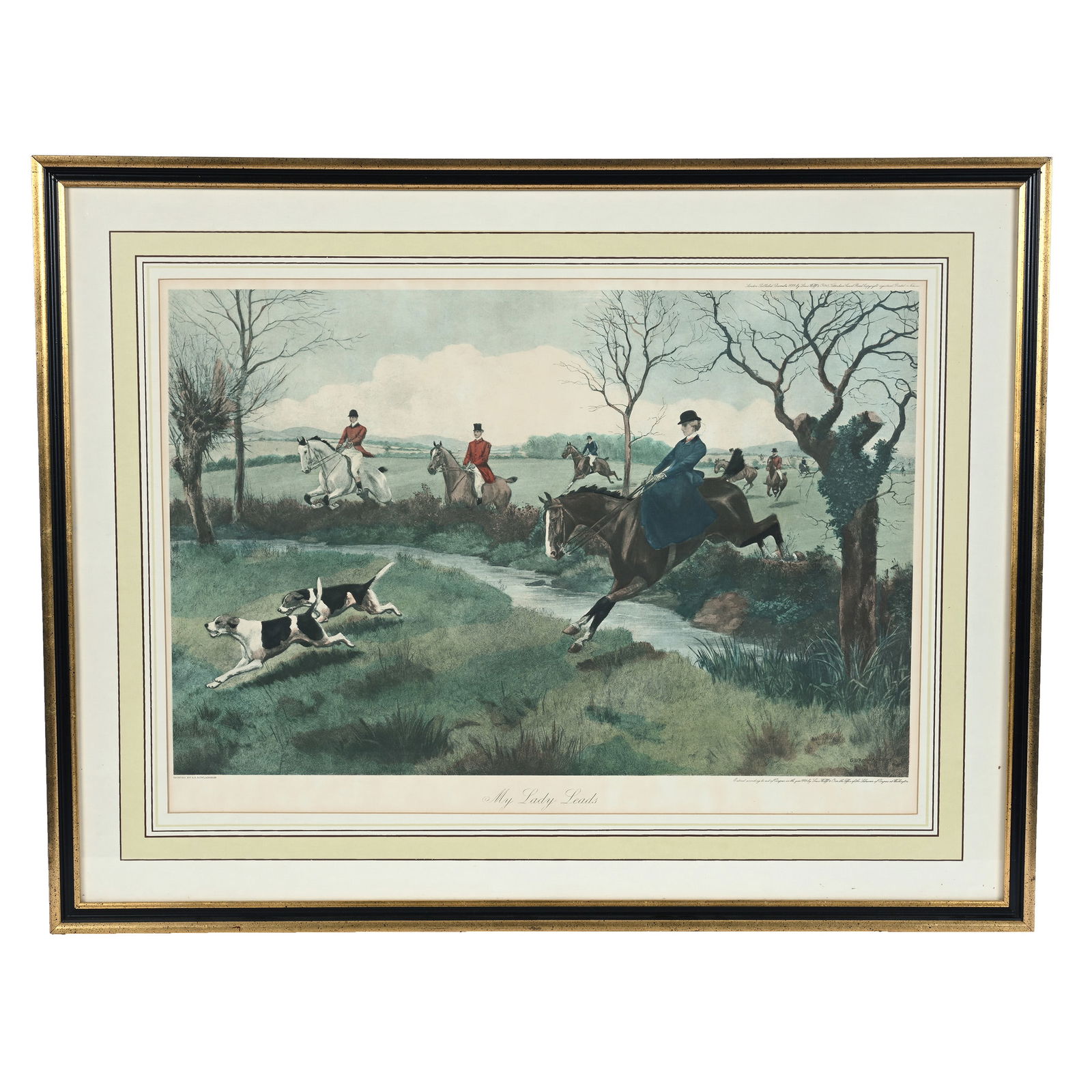 Framed Lithograph Print, Titled "My Lady Leads": Framed Lithograph Print, Titled "My Lady Leads", 24.5 x 31.5 x 0.875 Inches, Fox Hunt Scenic Decor, Dated 1899, By G. D. Rowlandson, 8.3 Pounds, Private Collection, Kansas.