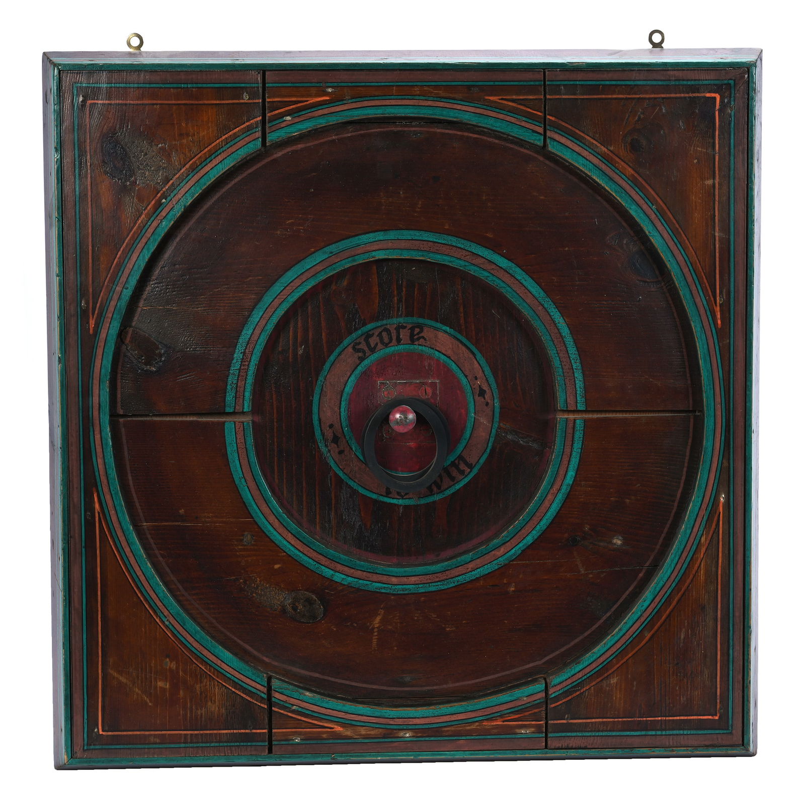 Original Hanging Tavern Game: Original Hanging Tavern Game, 21.5 x 21.25 x 3.25 Inches, Heavy Wooden Board With Center Spike And Three Rings, Original Paint, 11 Pounds, Private Collection, Kansas.