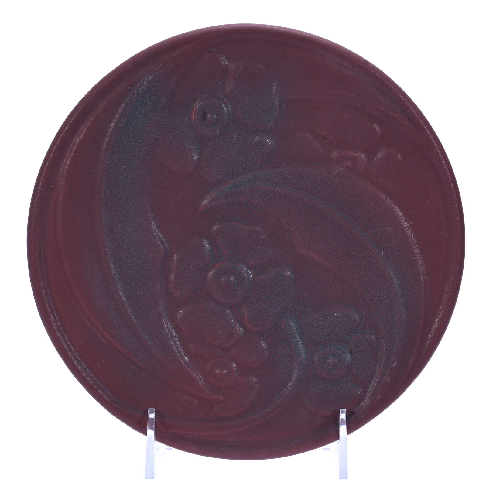 Plaque, Unmarked Van Briggle Art Pottery: Plaque, Unmarked Van Briggle Art Pottery, 8.5 x 8.5 x 0.5 Inches, Embossed Floral Design, Mulberry Glaze, 1.1 Pounds, Darrell and Sandy Shulte Collection, Kansas.